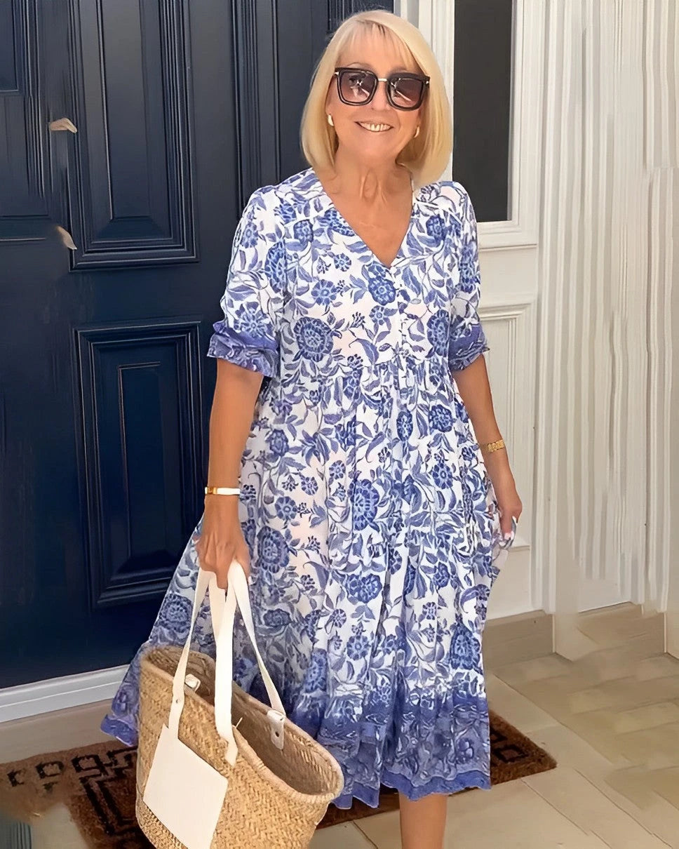 Women's Floral V-Neck Summer Midi Dress with Tiered Skirt