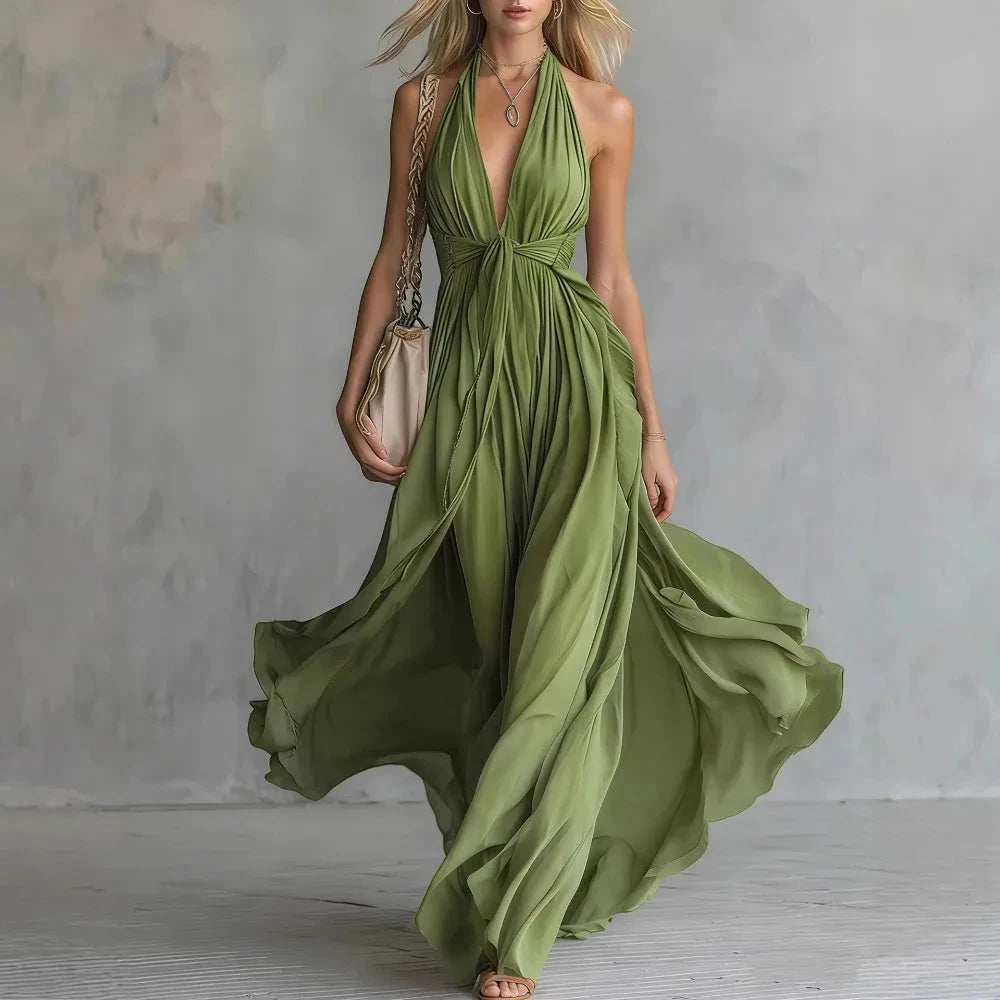 Women's Flowy Pleated Maxi Summer Dress with Halter Neck
