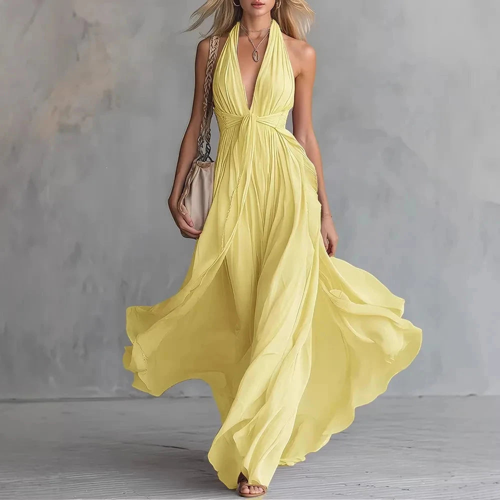 Women's Flowy Pleated Maxi Summer Dress with Halter Neck