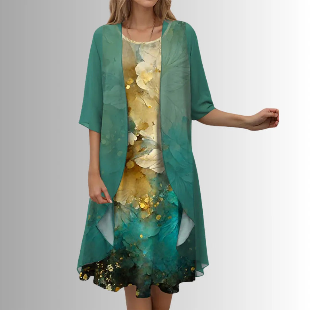 Women's Flowy Printed Midi Summer Dress with 3/4 Sleeve