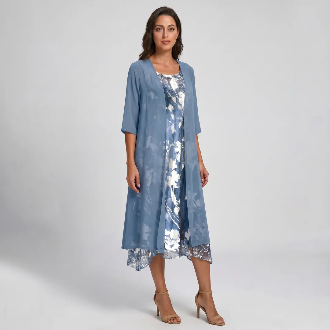 Women's Flowy Printed Midi Summer Dress with 3/4 Sleeve