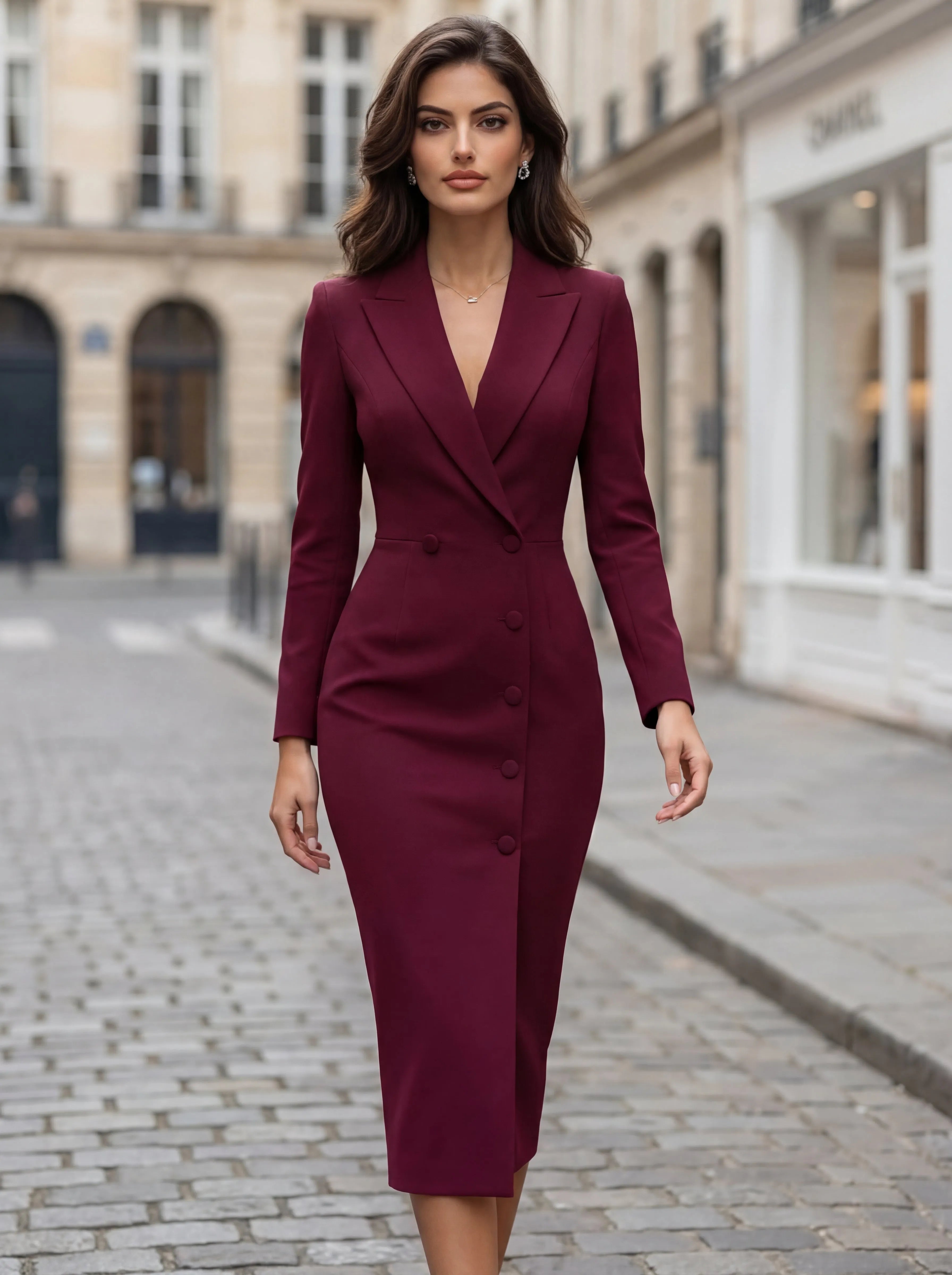 Women's Formal Elegant Midi Blazer Dress with Long Sleeve