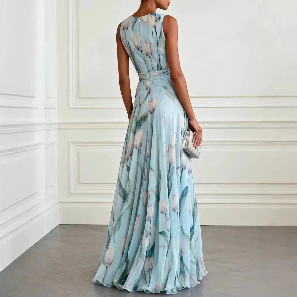 Women's Formal Floral Maxi Wedding Guest Dress with Flowy Skirt