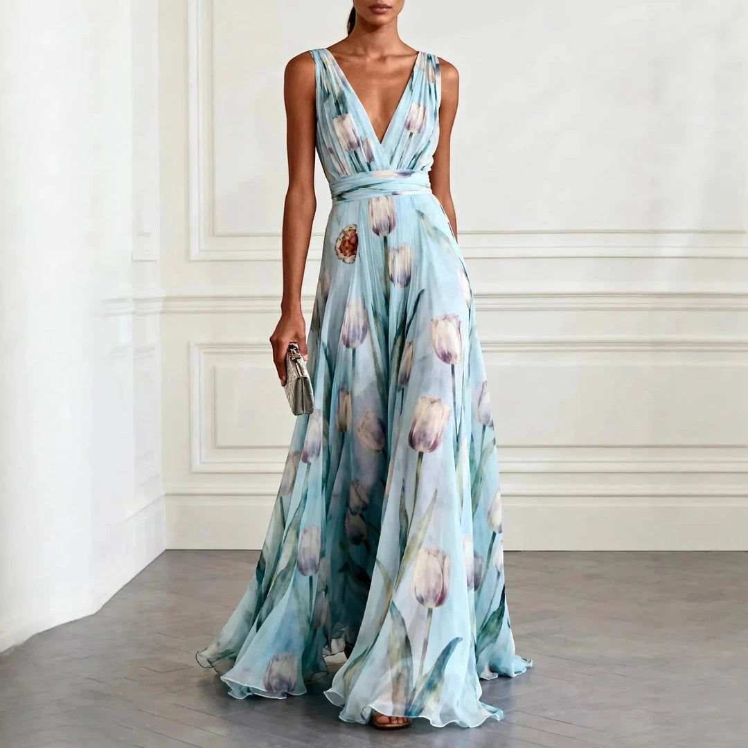 Women's Formal Floral Maxi Wedding Guest Dress with Flowy Skirt