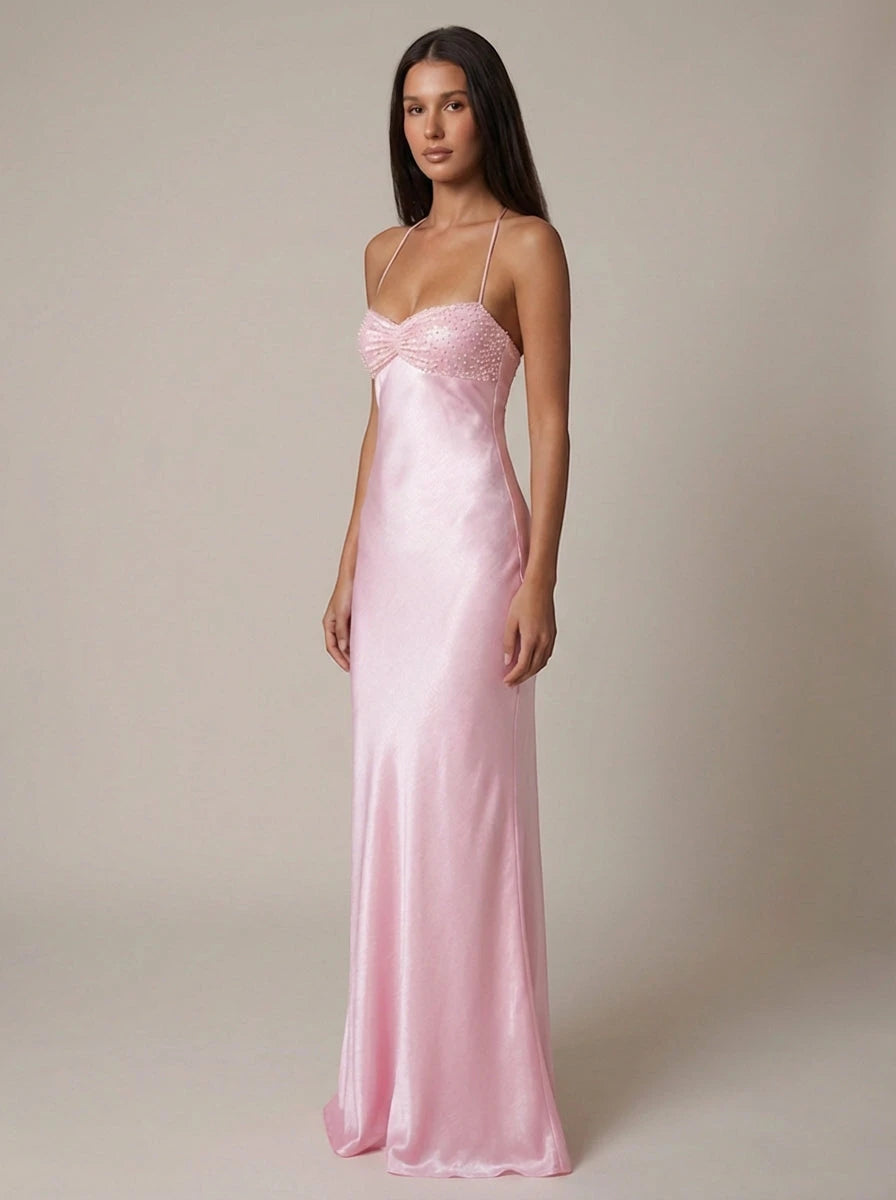 Women's Formal Long Maxi Wedding Guest Dress with Halter and Beaded