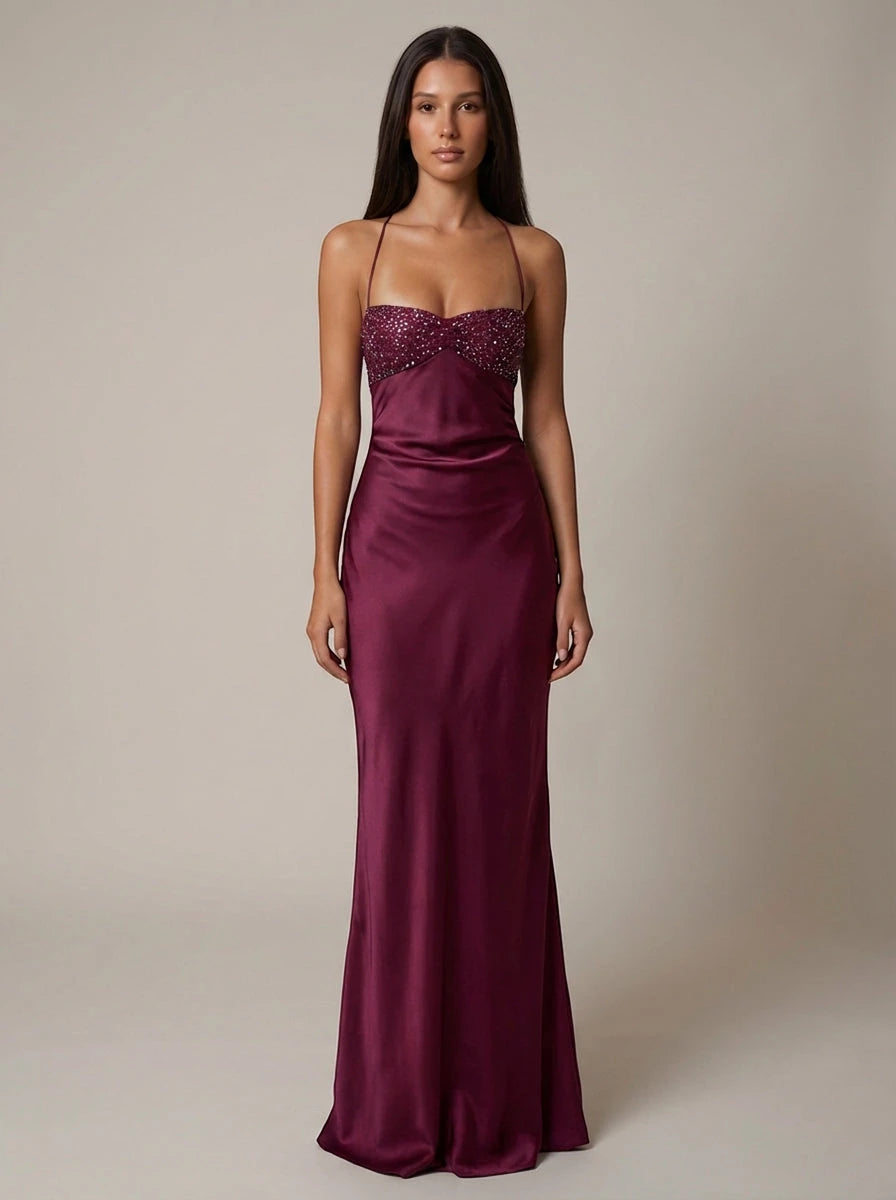 Women's Formal Long Maxi Wedding Guest Dress with Halter and Beaded