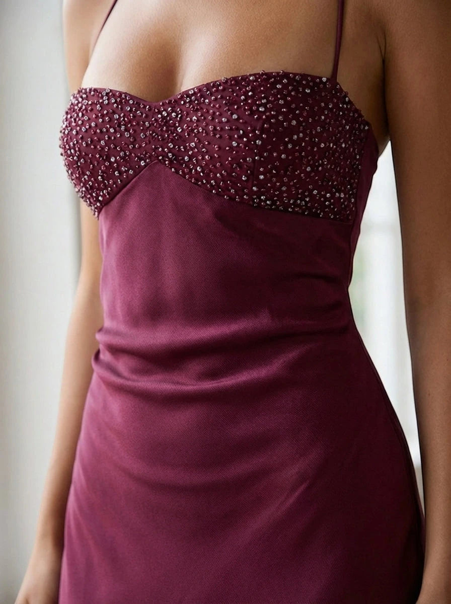 Women's Formal Long Maxi Wedding Guest Dress with Halter and Beaded