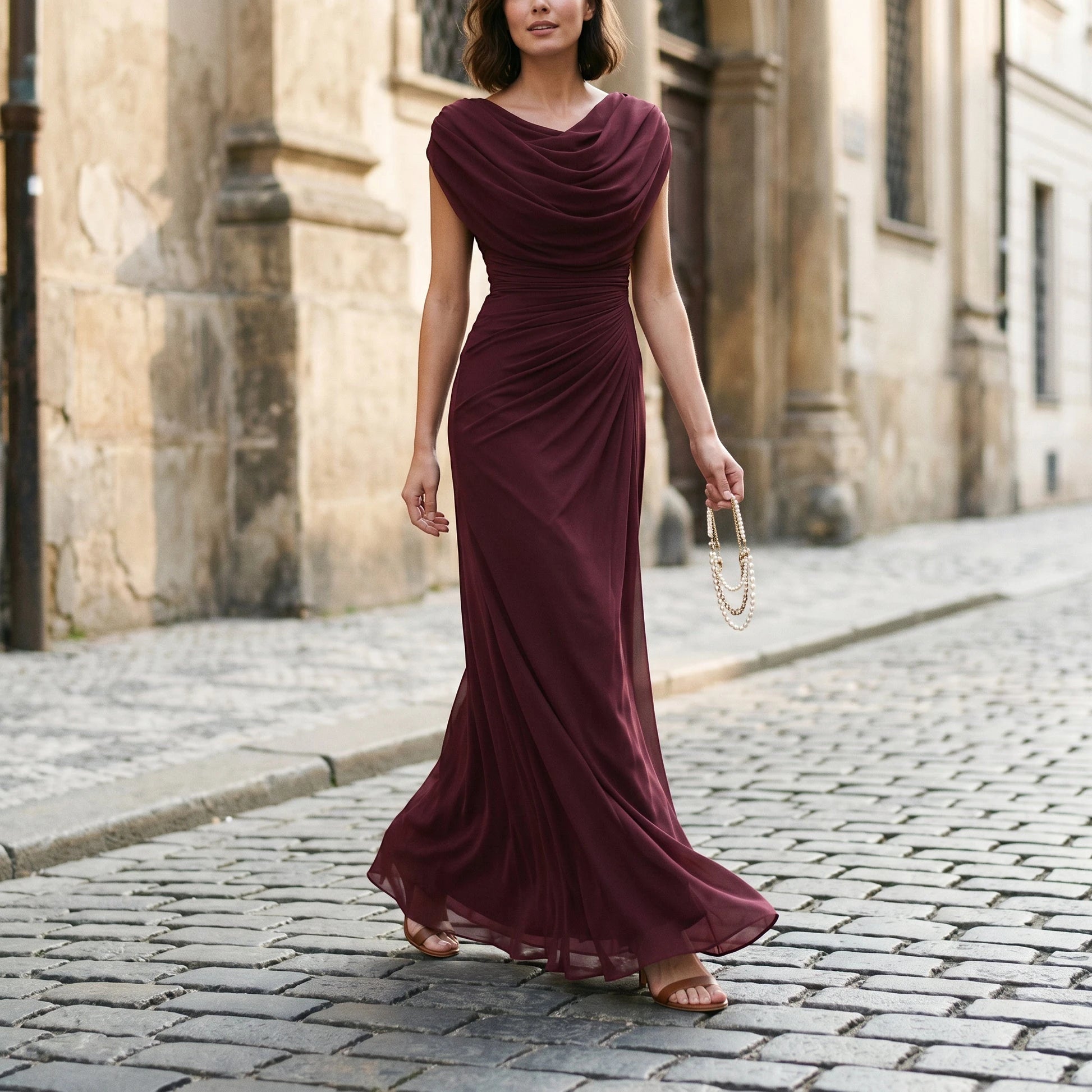 Women's Formal Maxi Wedding Guest Dress with Cowl Neck