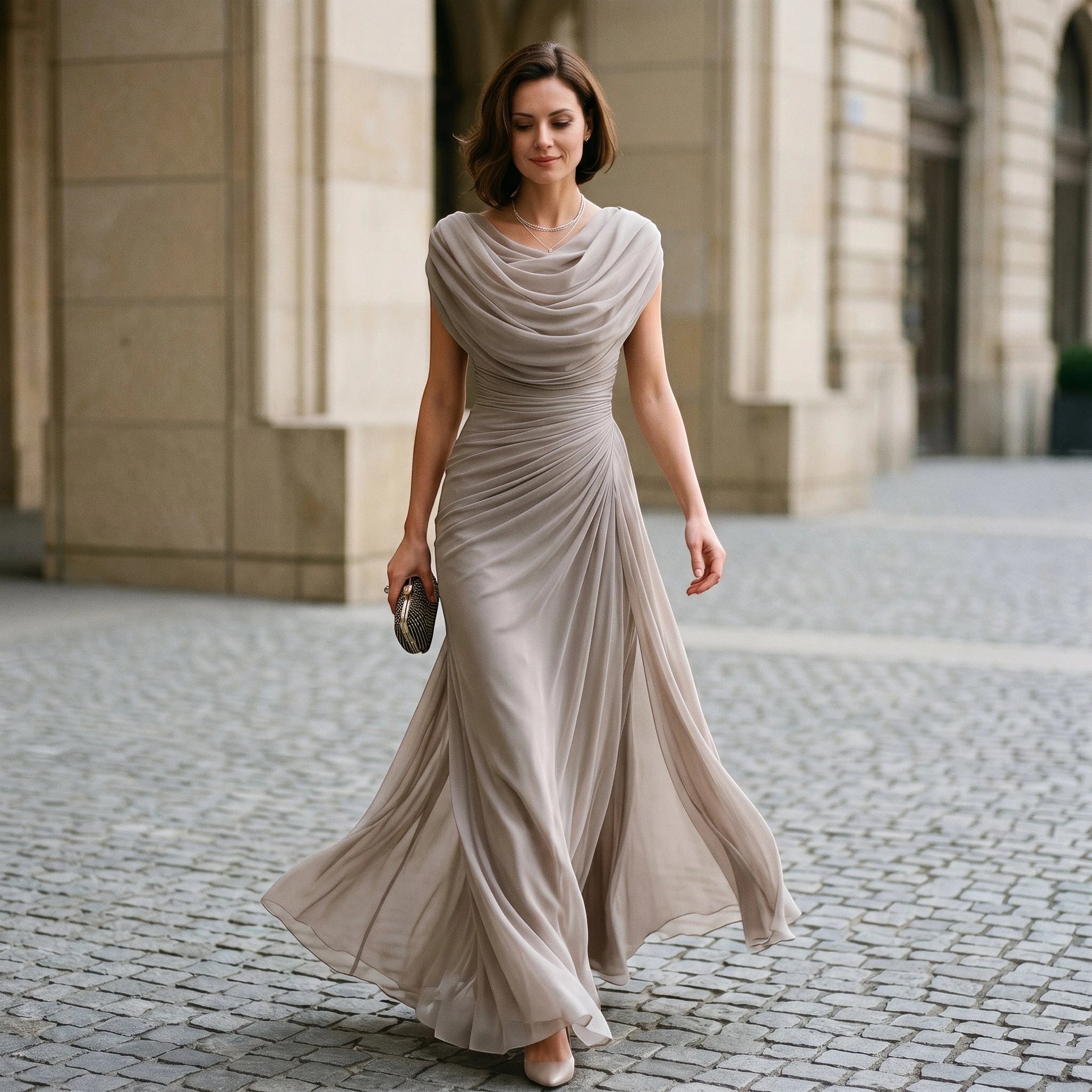 Women's Formal Maxi Wedding Guest Dress with Cowl Neck