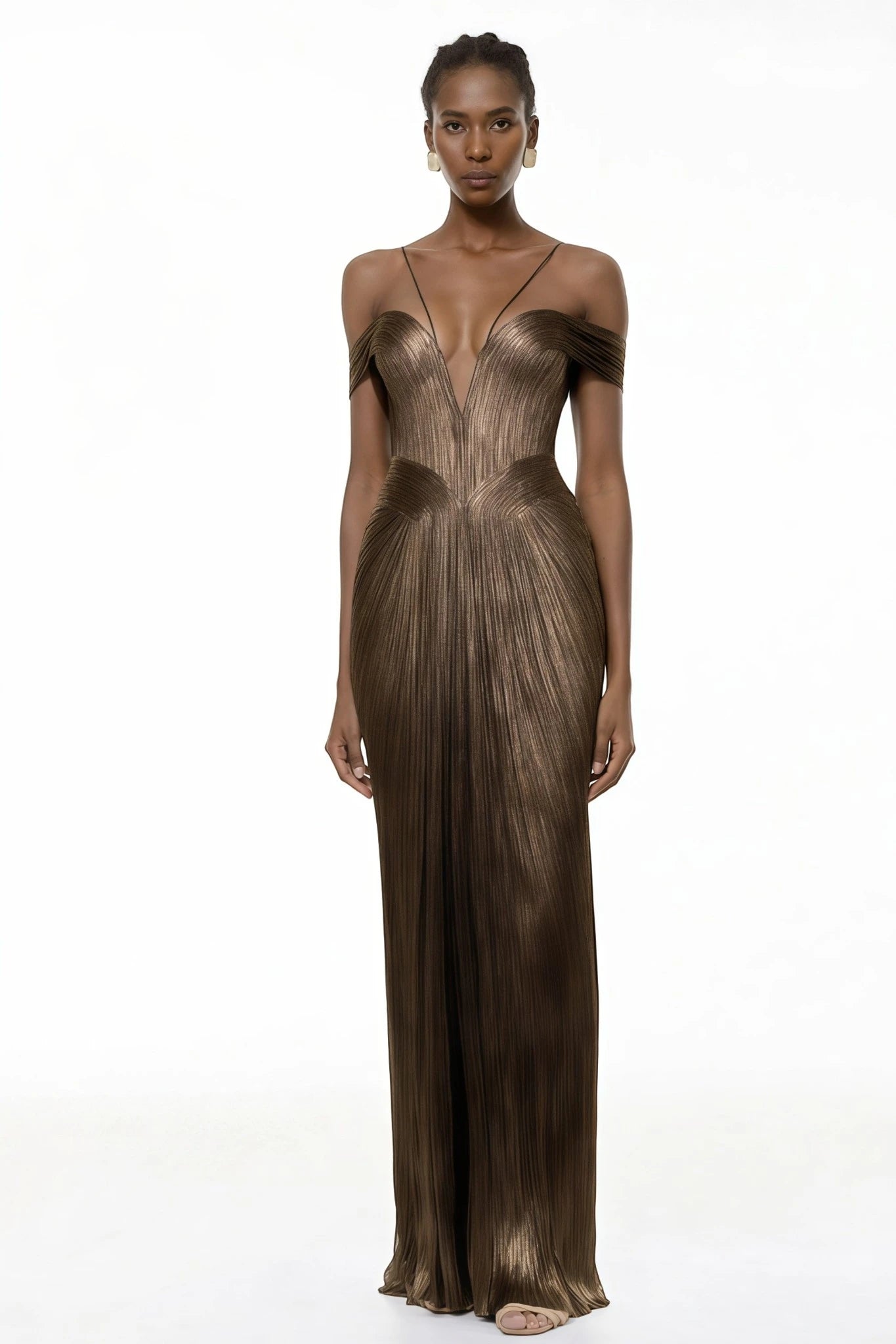 Women's Formal Pleated Maxi Wedding Guest Dress with Off Shoulder