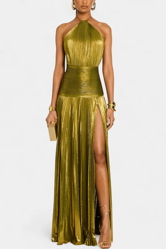 Women's Formal Pleated Maxi Wedding Guest Dress with Slit