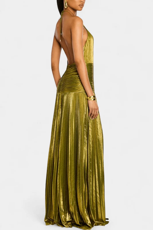 Women's Formal Pleated Maxi Wedding Guest Dress with Slit