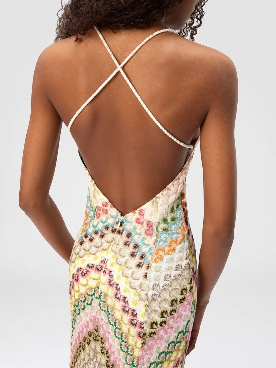Women's Knit Printed Maxi Summer Dress with Low Back