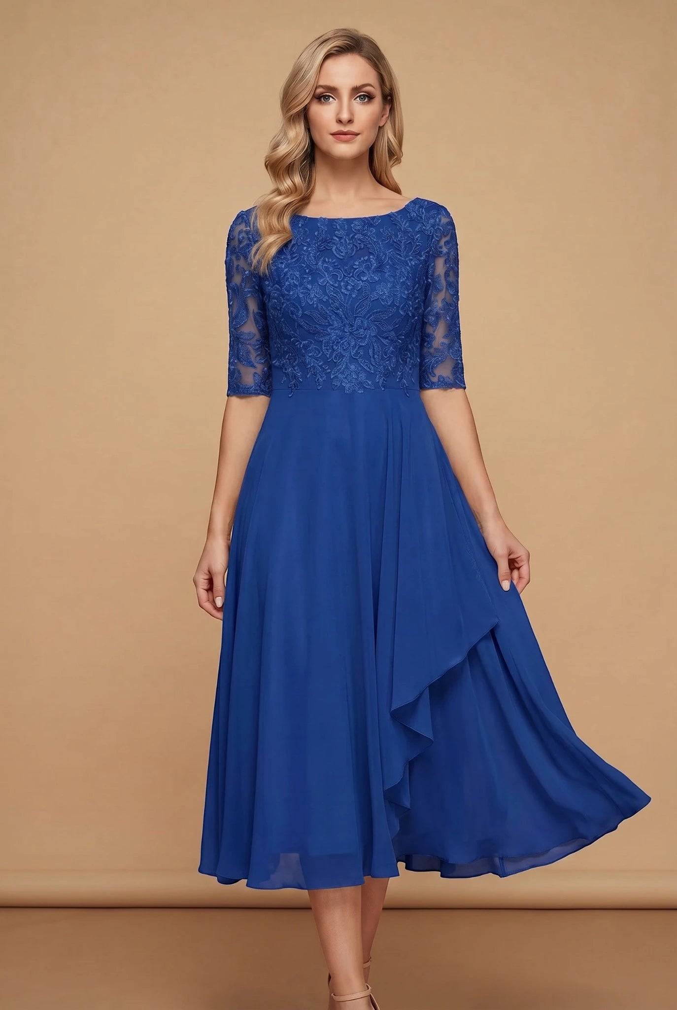 Women's Lace Formal Midi Wedding Guest Dress with Ruffle Detail