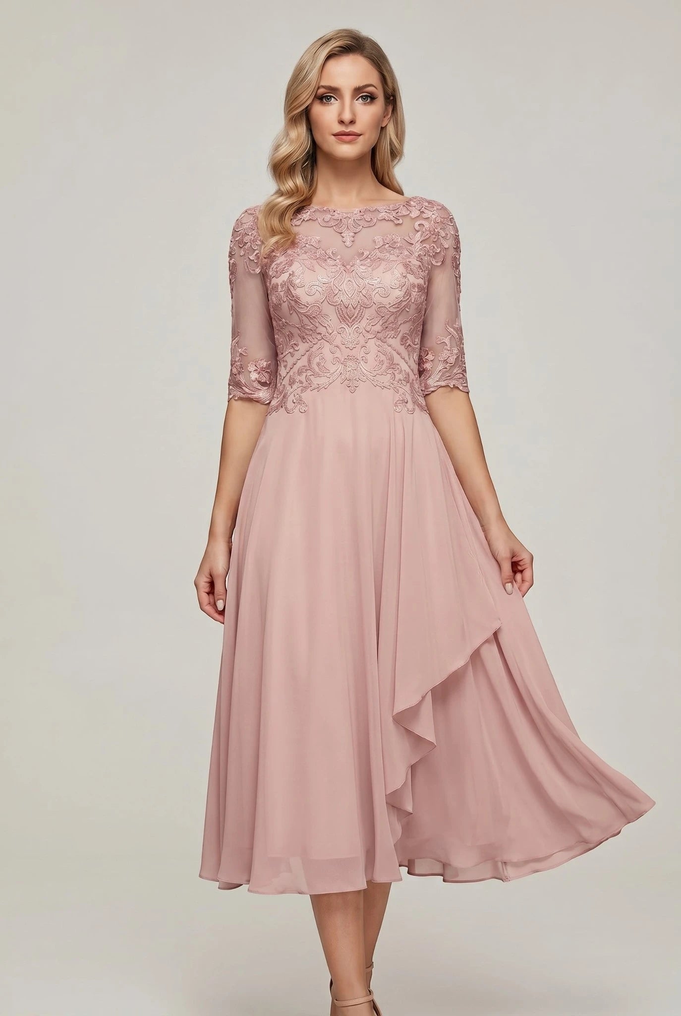 Women's Lace Formal Midi Wedding Guest Dress with Ruffle Detail