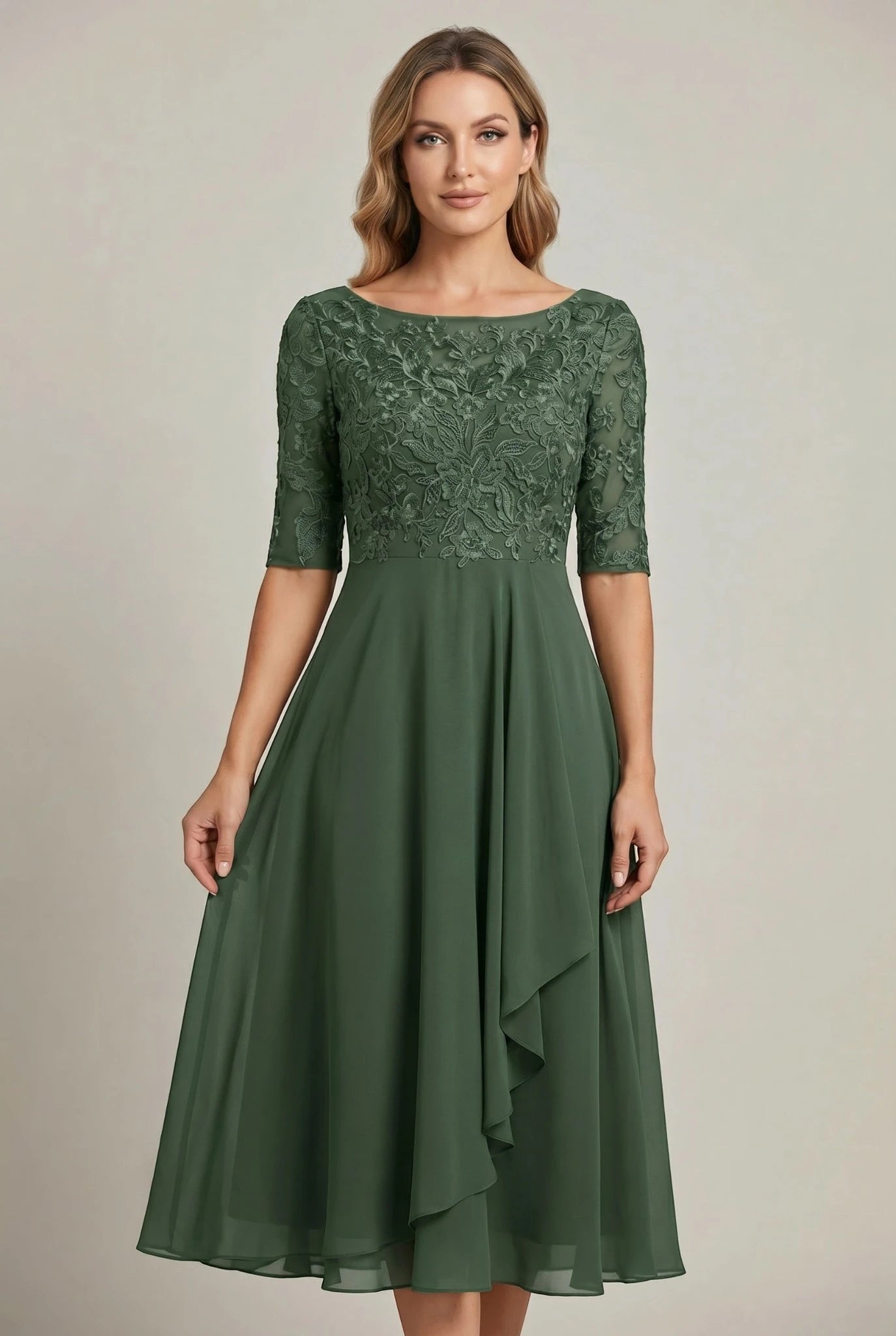 Women's Lace Formal Midi Wedding Guest Dress with Ruffle Detail