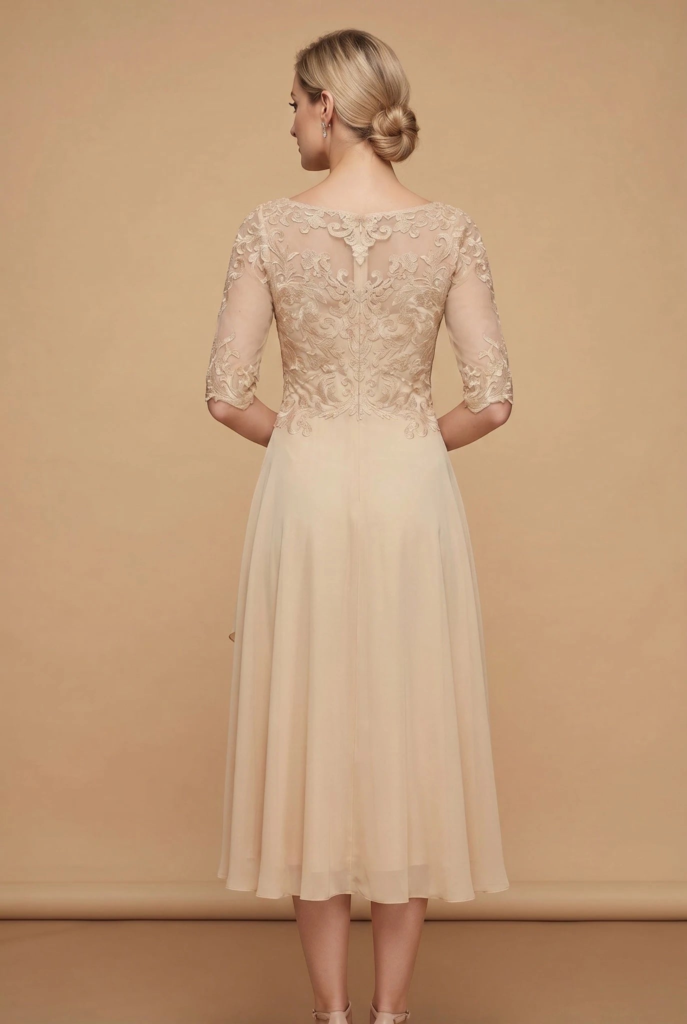Women's Lace Formal Midi Wedding Guest Dress with Ruffle Detail