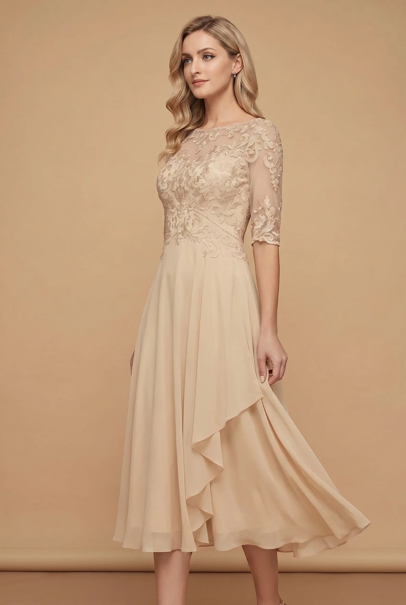 Women's Lace Formal Midi Wedding Guest Dress with Ruffle Detail