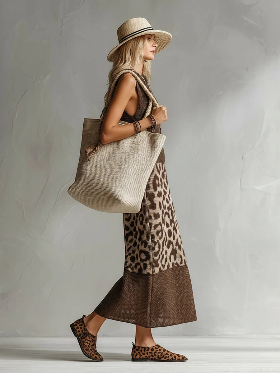 Women's Leopard Elegant Midi Summer Dress with Sleeveless Cut
