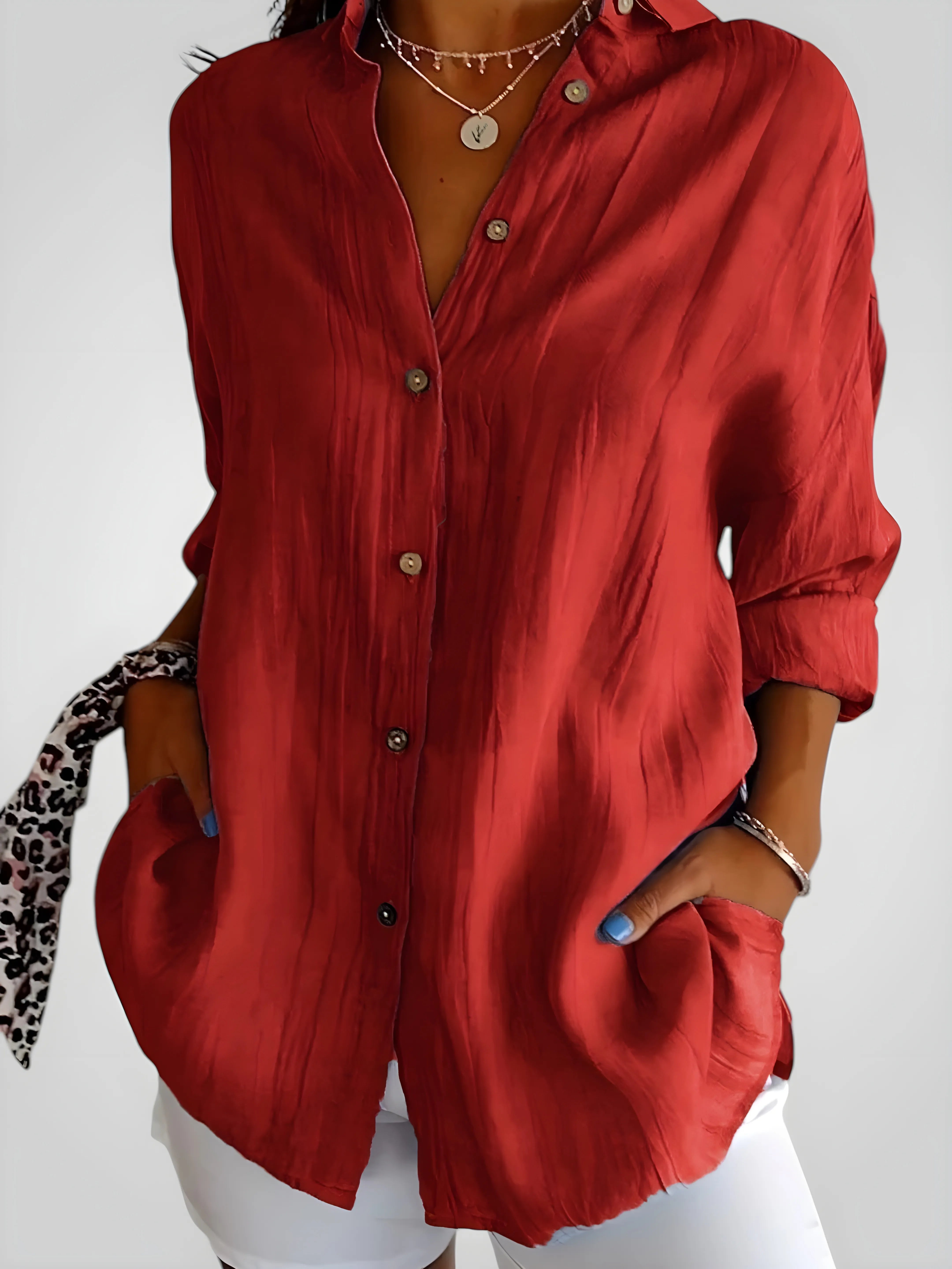 Women's Long Sleeve Shirt with V-Neck and Button Details