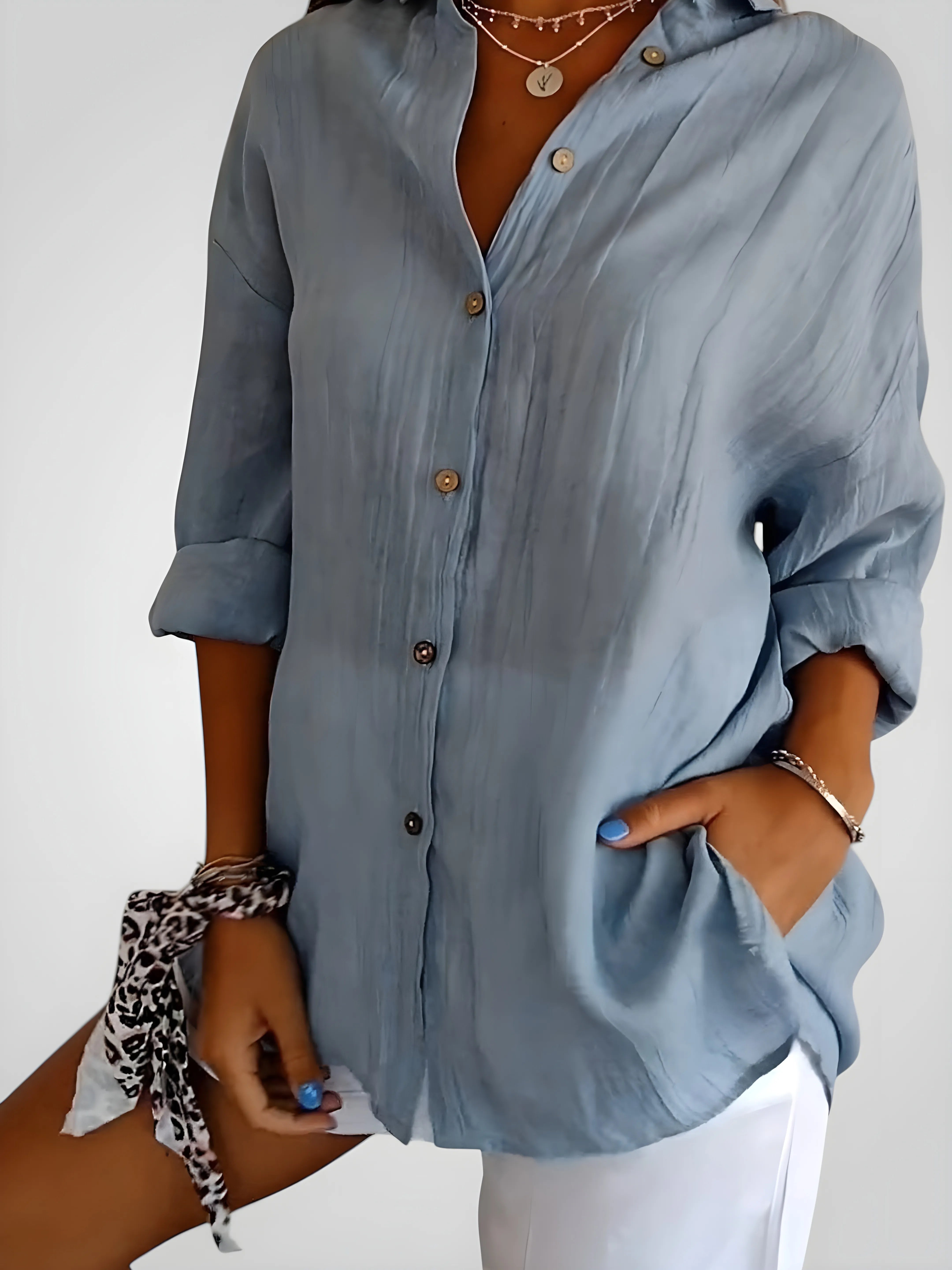 Women's Long Sleeve Shirt with V-Neck and Button Details