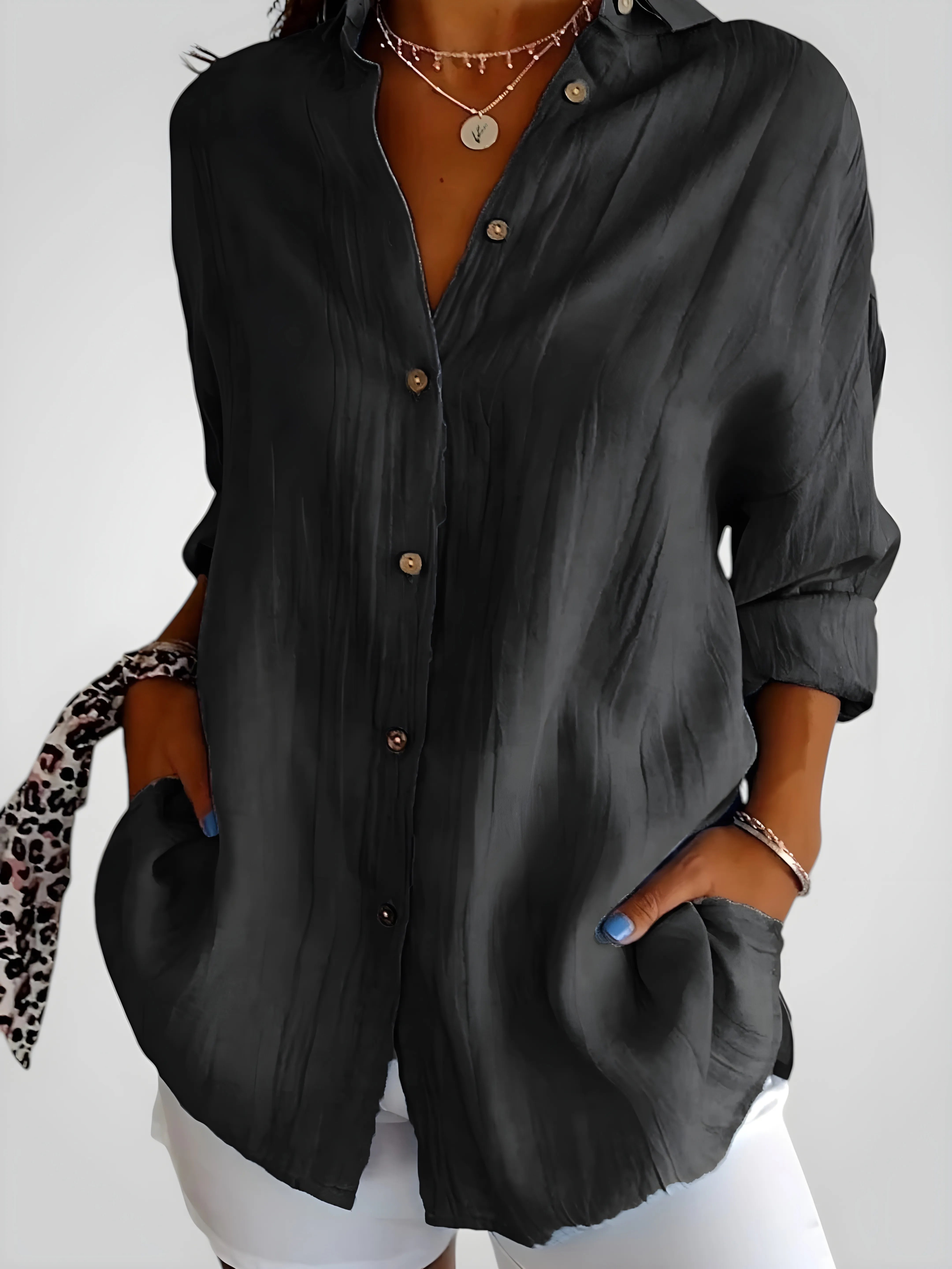 Women's Long Sleeve Shirt with V-Neck and Button Details
