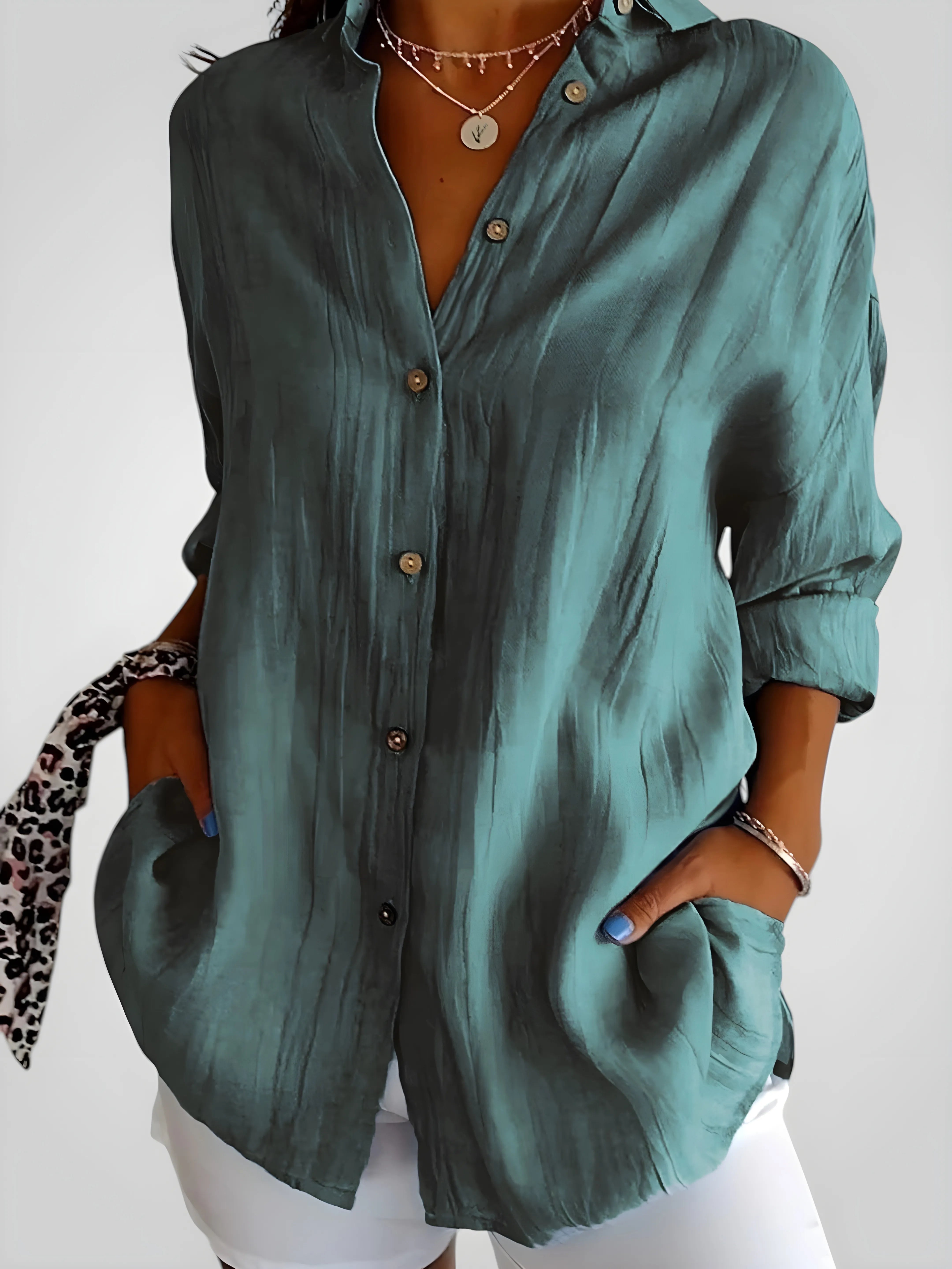 Women's Long Sleeve Shirt with V-Neck and Button Details