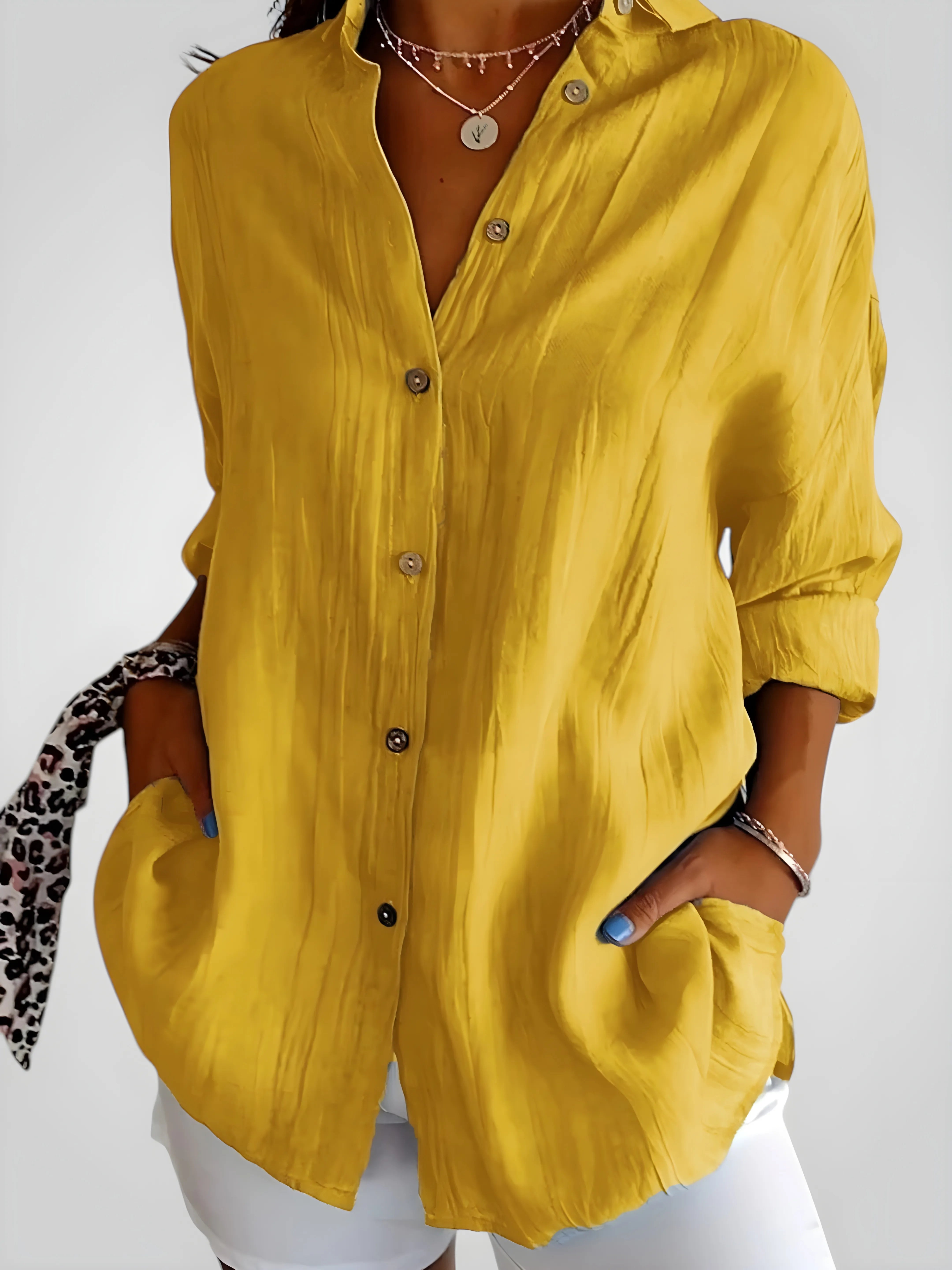 Women's Long Sleeve Shirt with V-Neck and Button Details