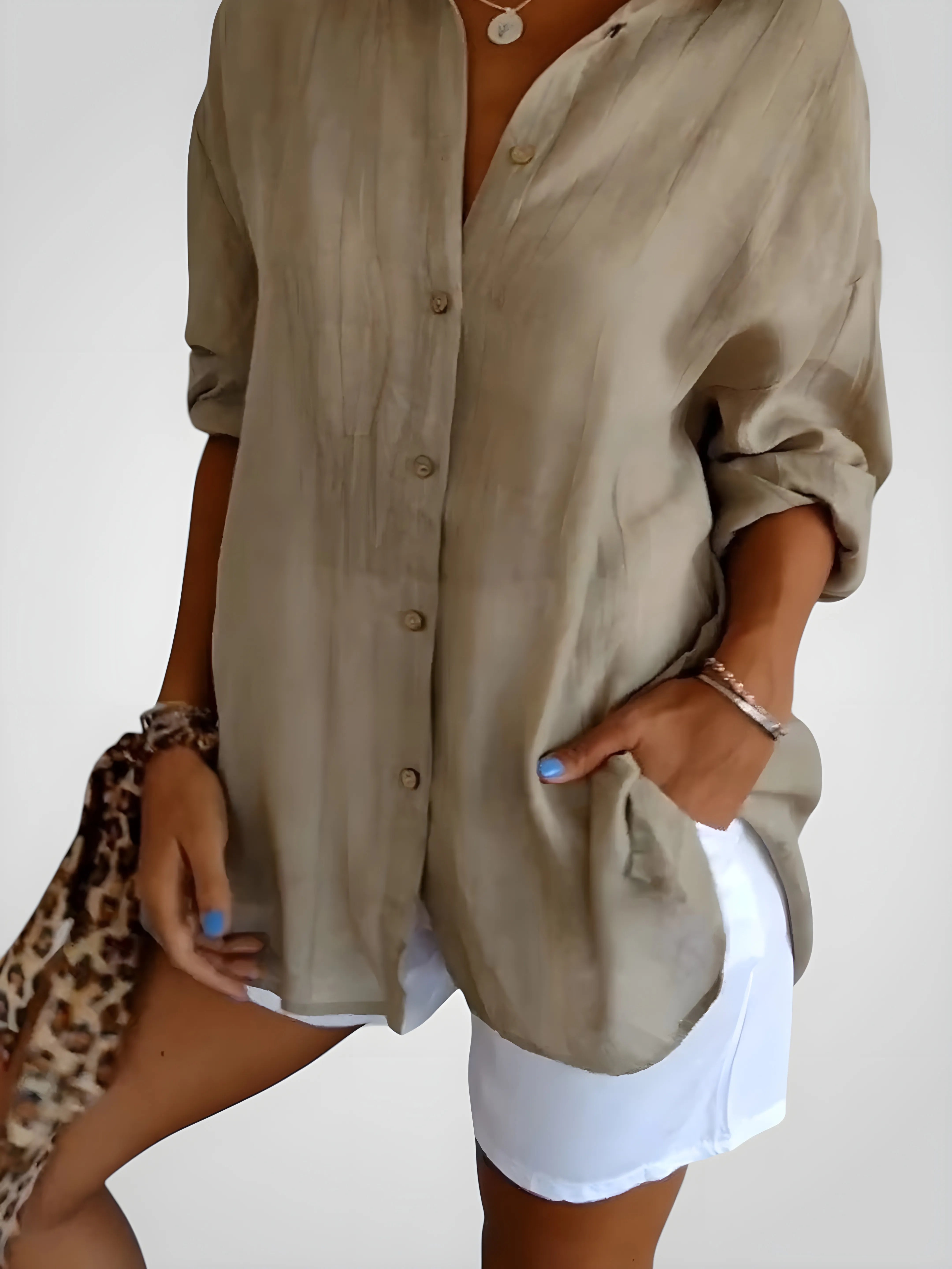 Women's Long Sleeve Shirt with V-Neck and Button Details