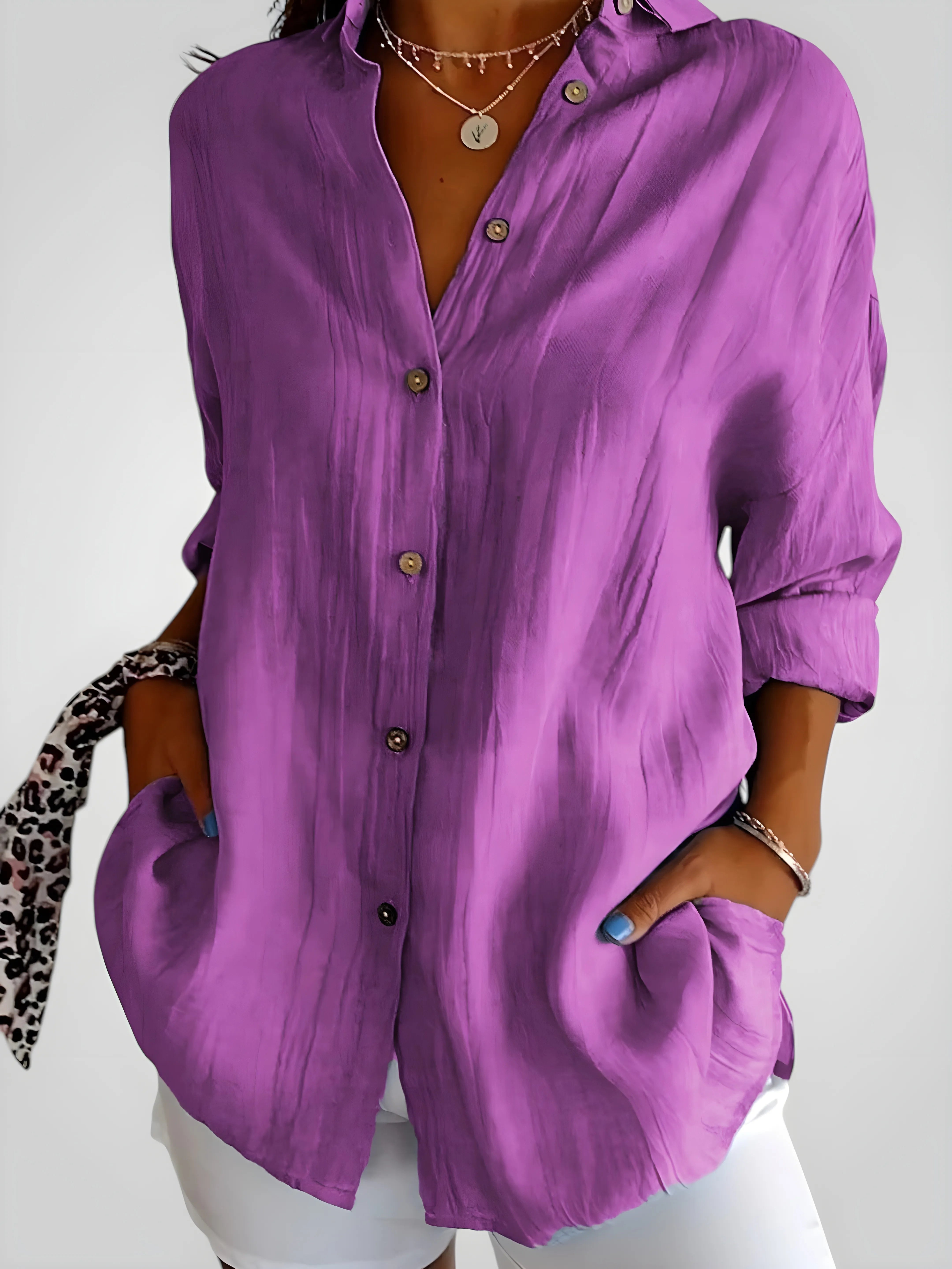 Women's Long Sleeve Shirt with V-Neck and Button Details