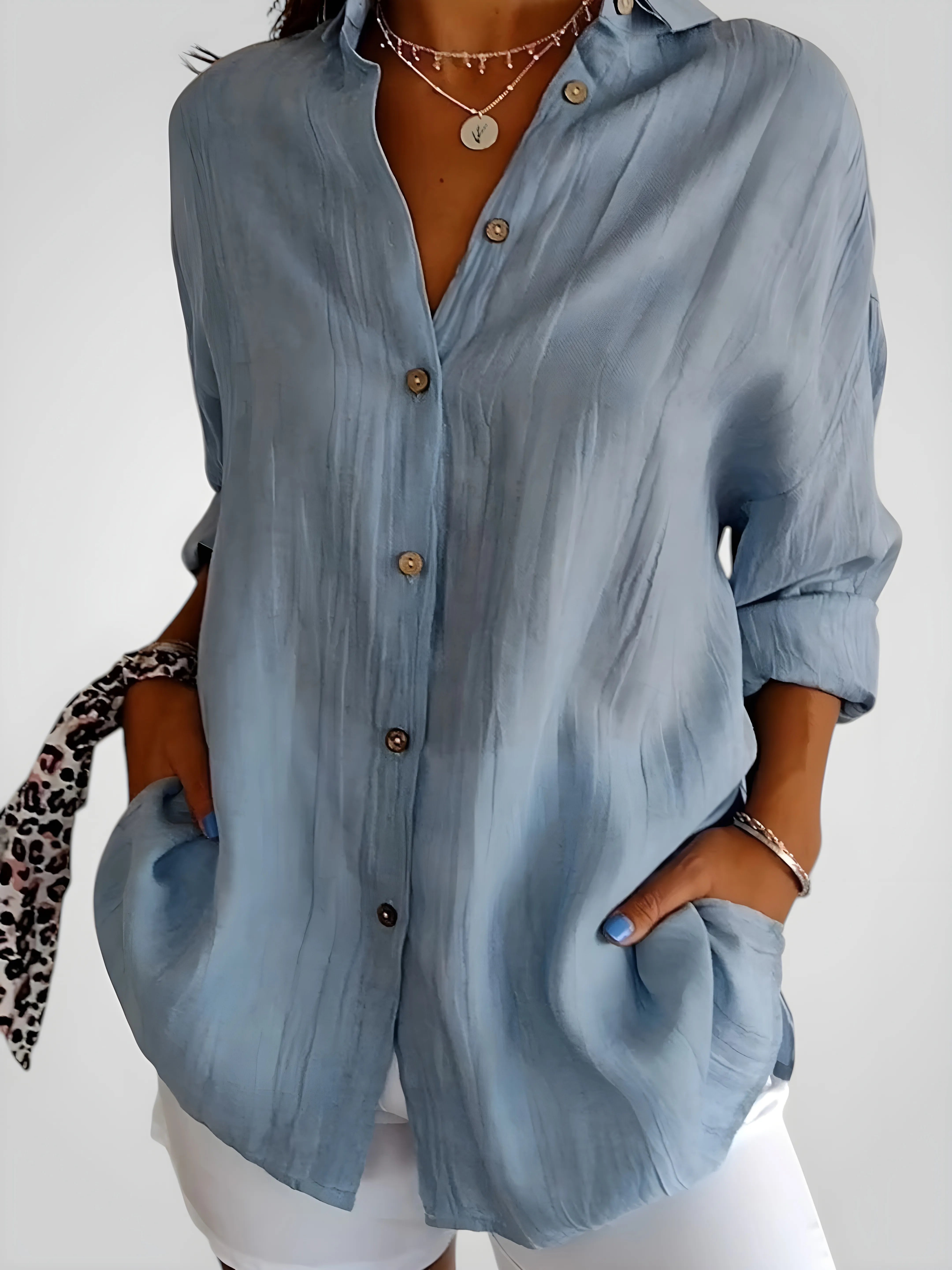 Women's Long Sleeve Shirt with V-Neck and Button Details