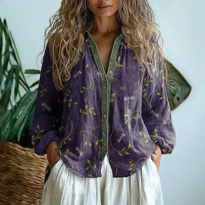 Women's Long Sleeve Shirt with V-Neck and Embroidered Details