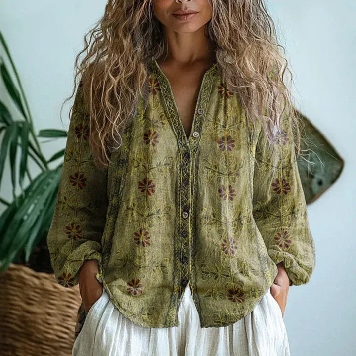 Women's Long Sleeve Shirt with V-Neck and Embroidered Details