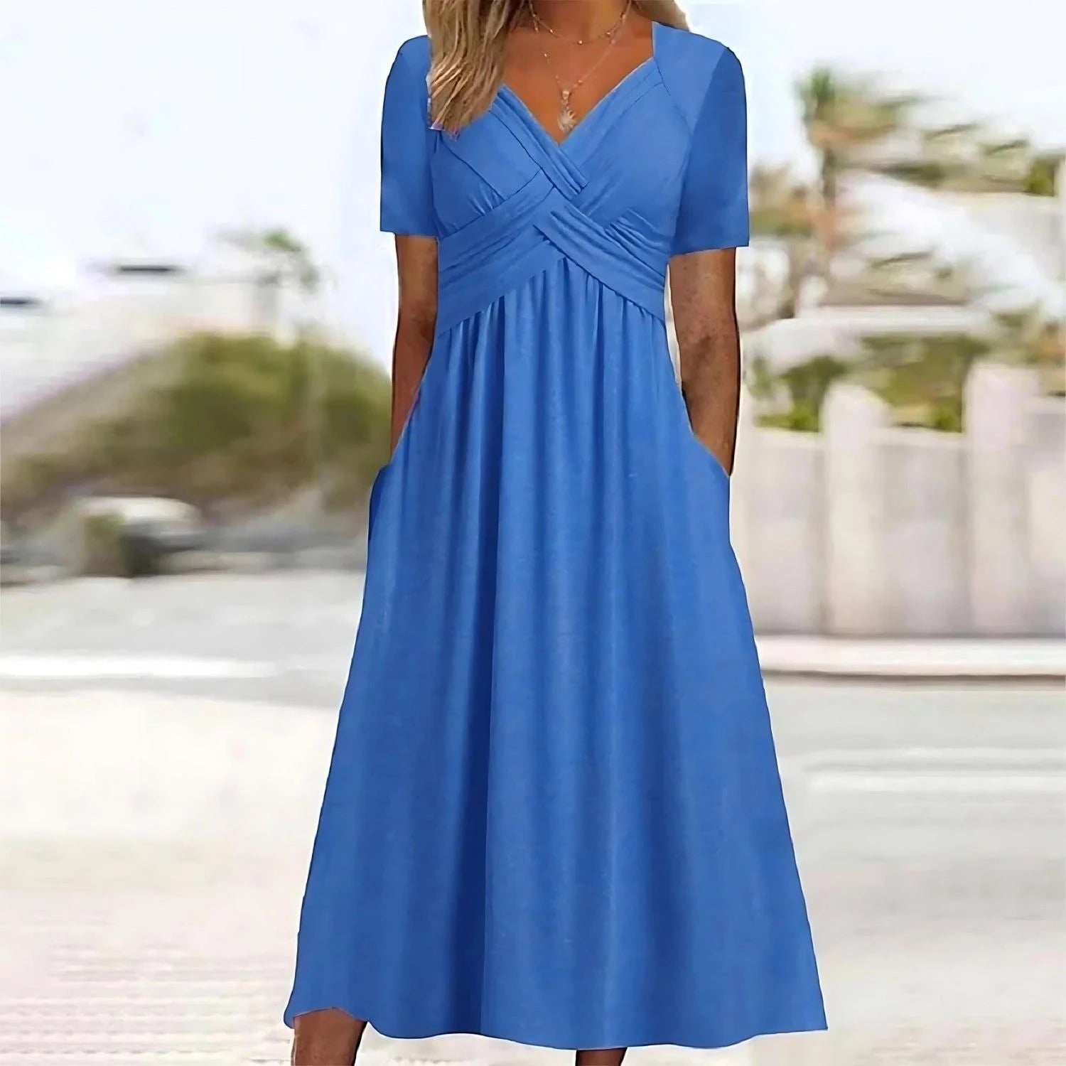 Women's Loose Midi Summer Dress with V-Neck