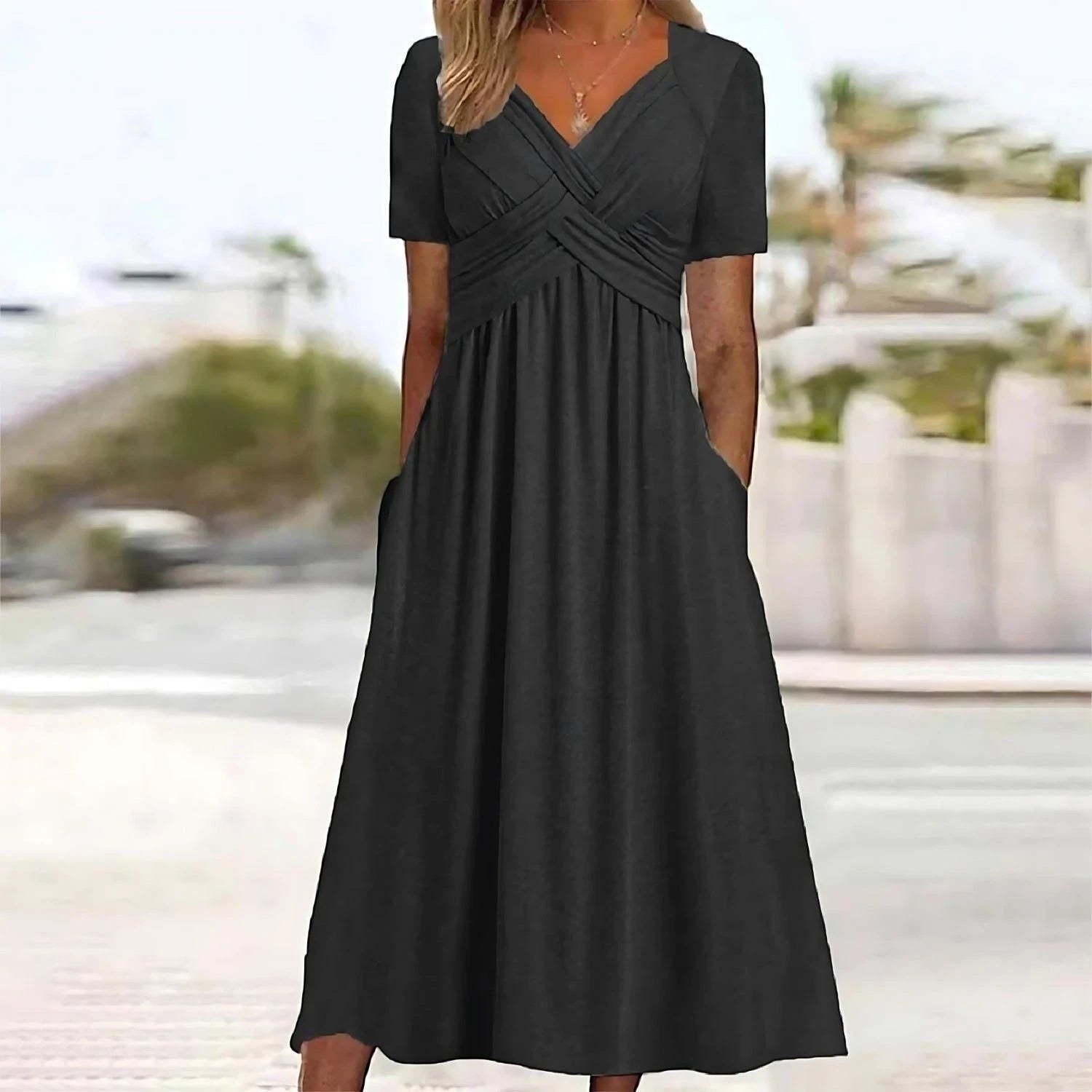 Women's Loose Midi Summer Dress with V-Neck