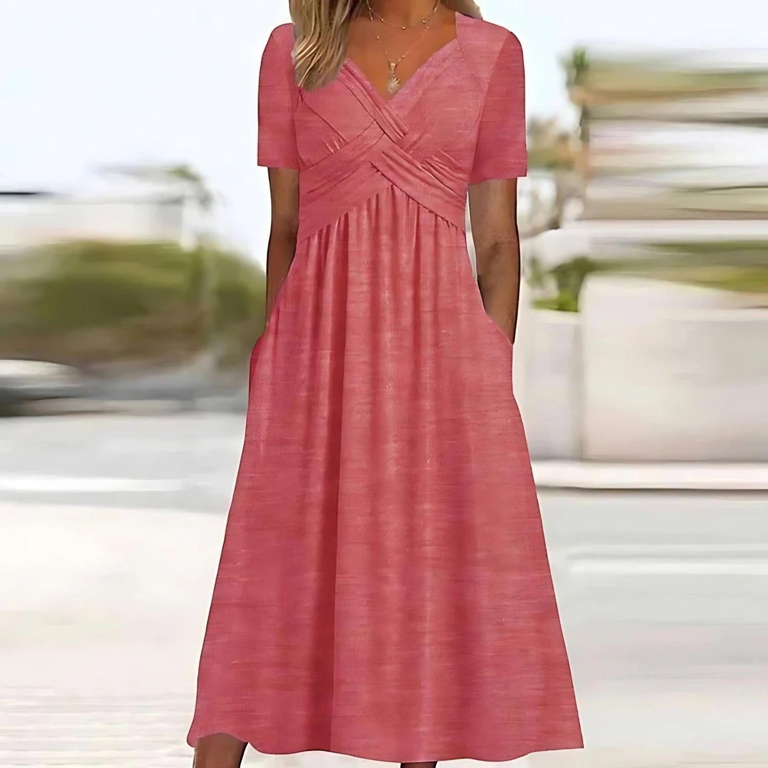 Women's Loose Midi Summer Dress with V-Neck