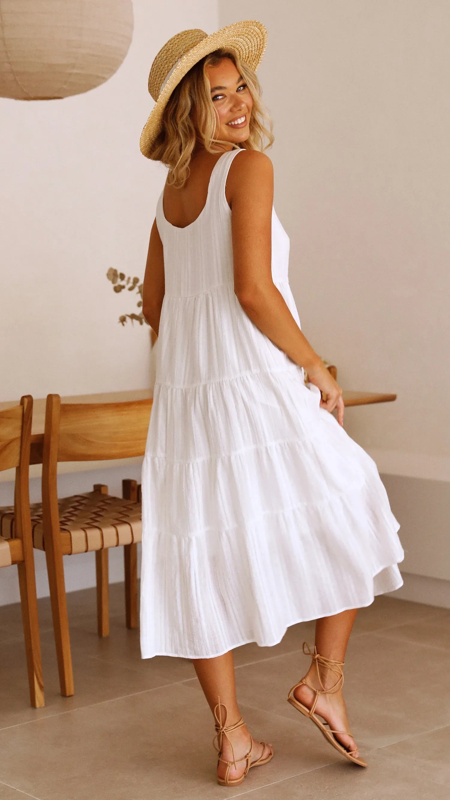 Women's Loose Tiered Midi Summer Dress with Square Neck