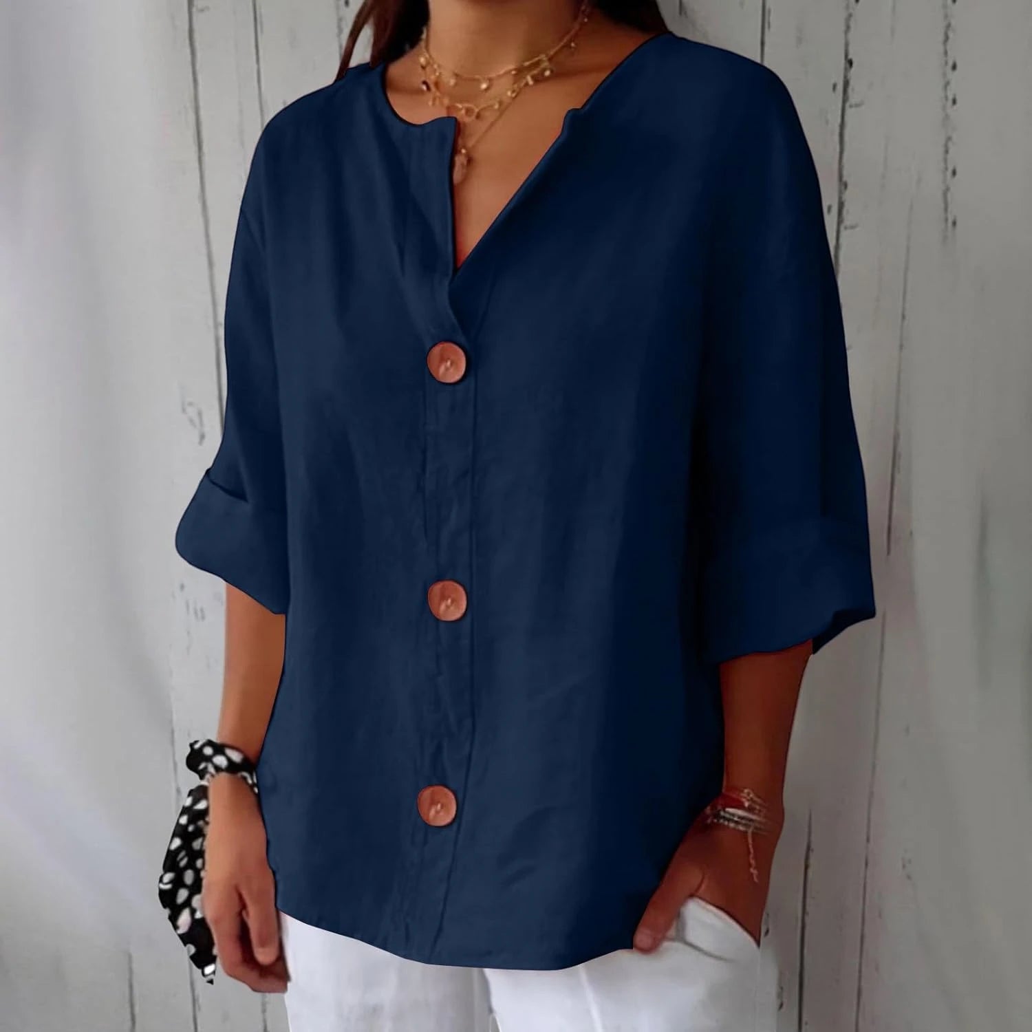 Women's Oversized Blouse with V-Neck and Short Sleeves