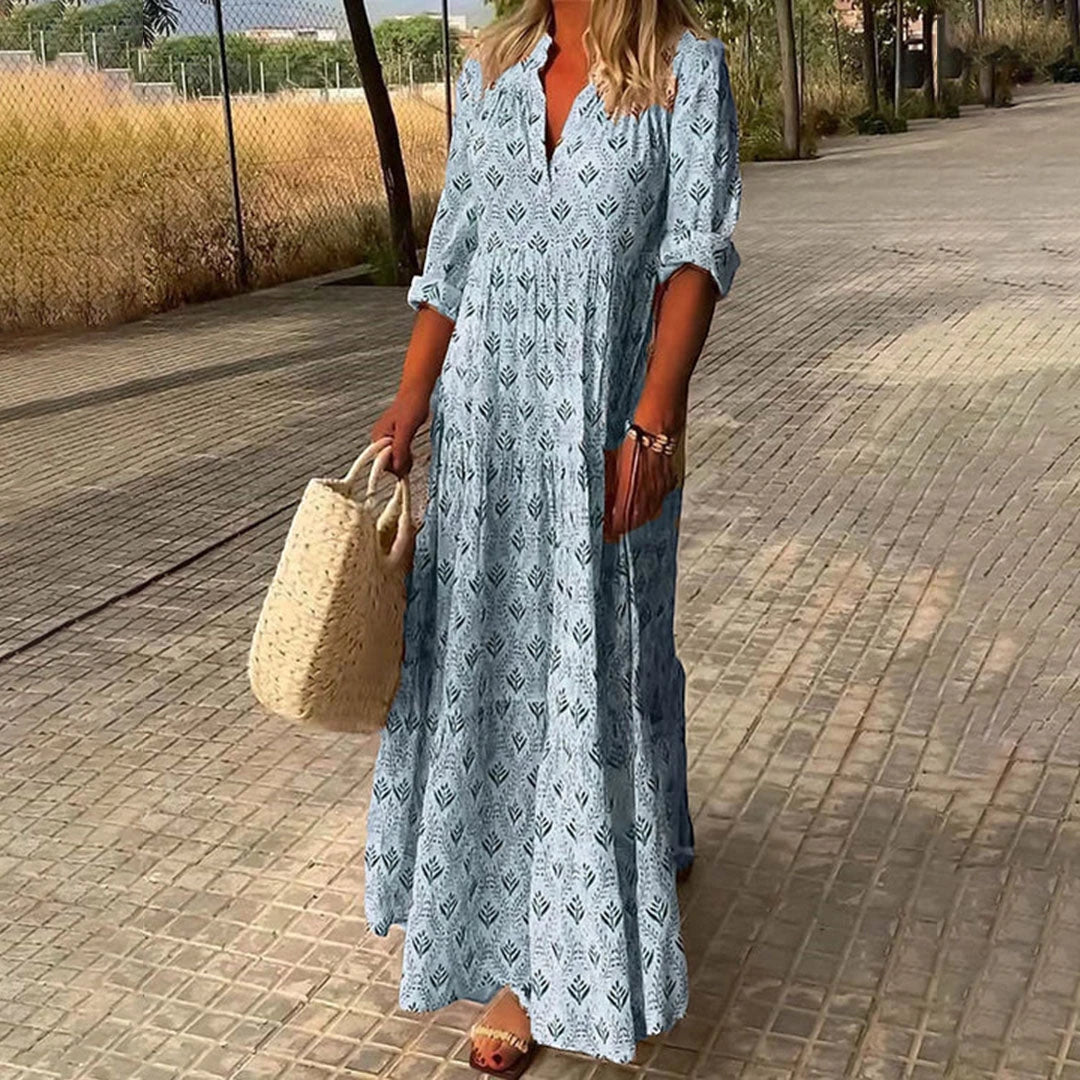 Women's Printed Boho Maxi Summer Dress with V-Neck