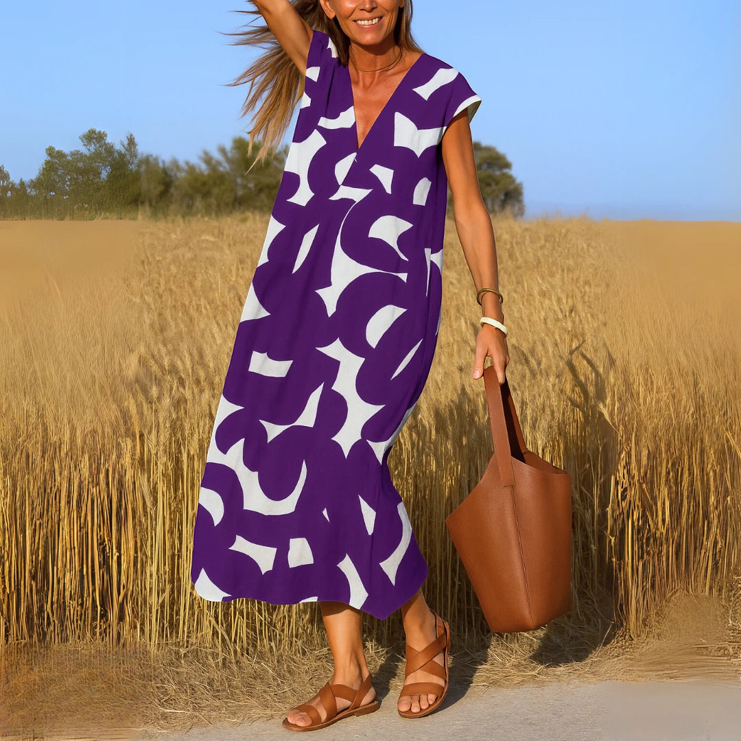 Women's Printed Casual Midi Summer Dress with Cap Sleeve
