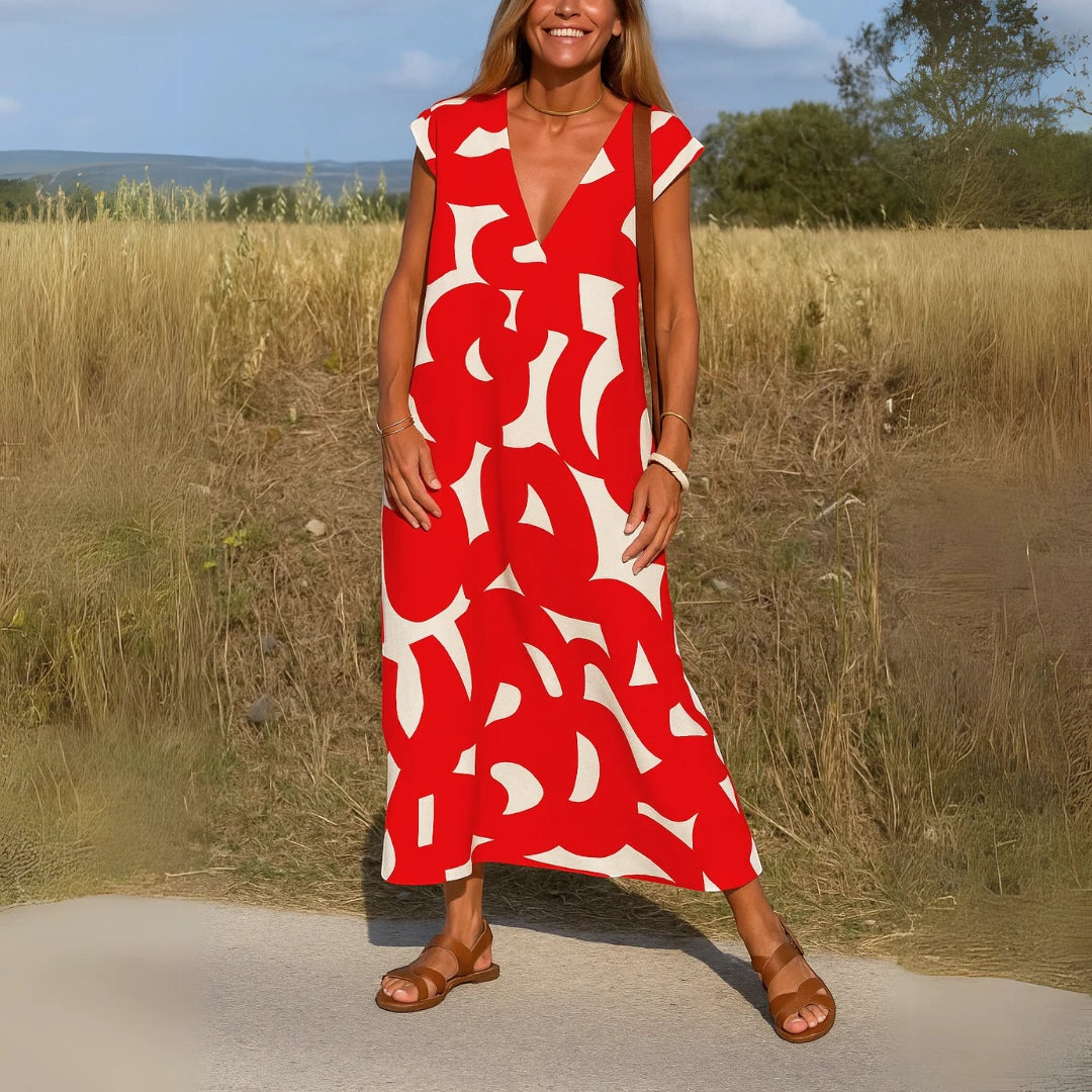 Women's Printed Casual Midi Summer Dress with Cap Sleeve