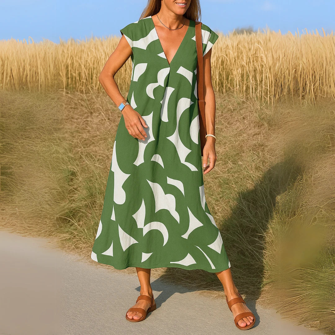 Women's Printed Casual Midi Summer Dress with Cap Sleeve