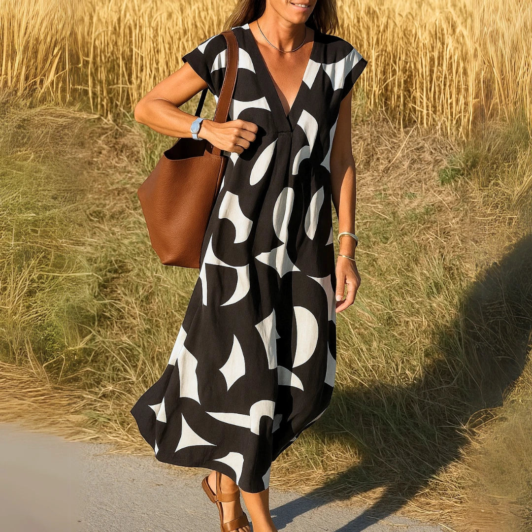 Women's Printed Casual Midi Summer Dress with Cap Sleeve