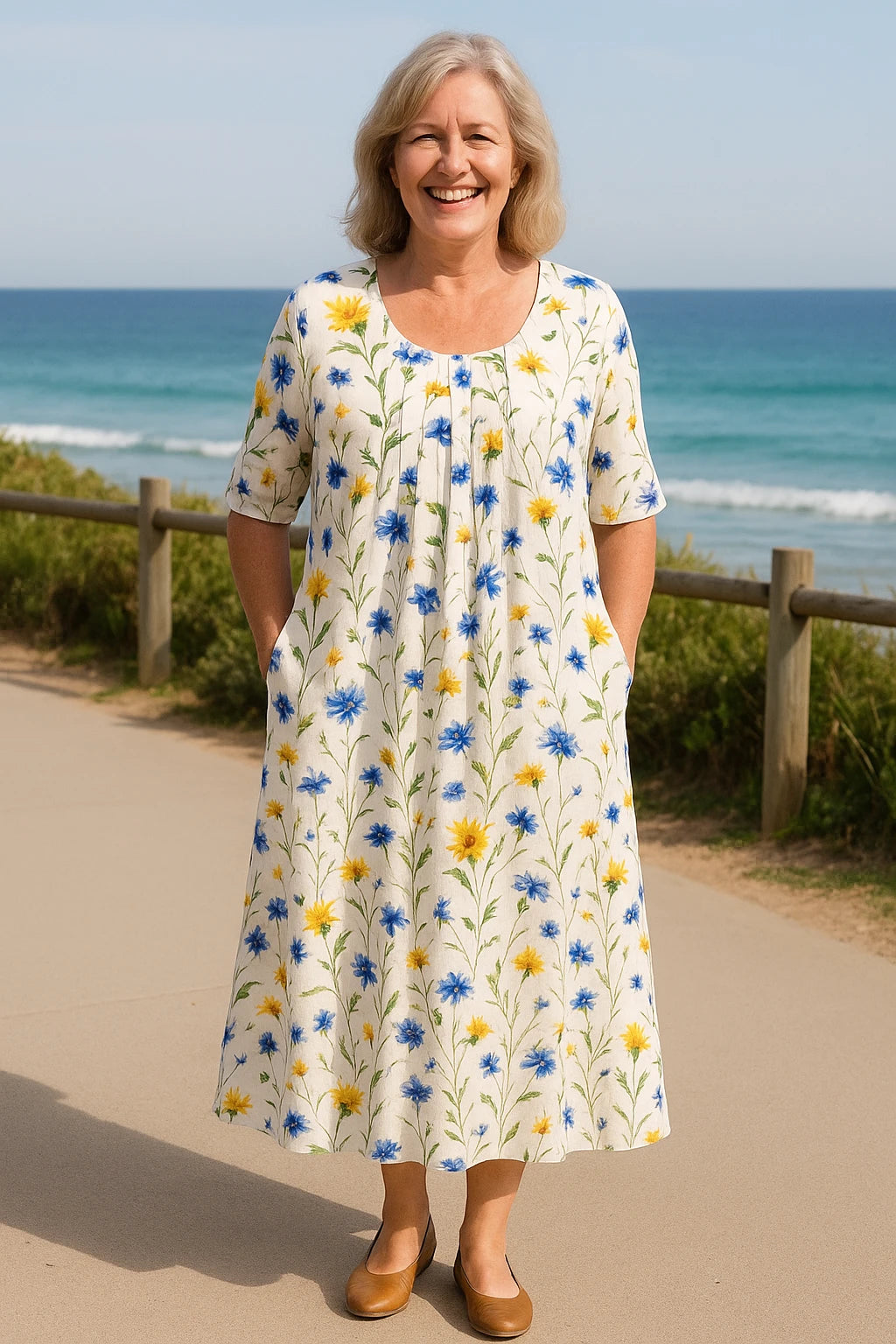Women's Printed Casual Midi Summer Dress with Short Sleeve