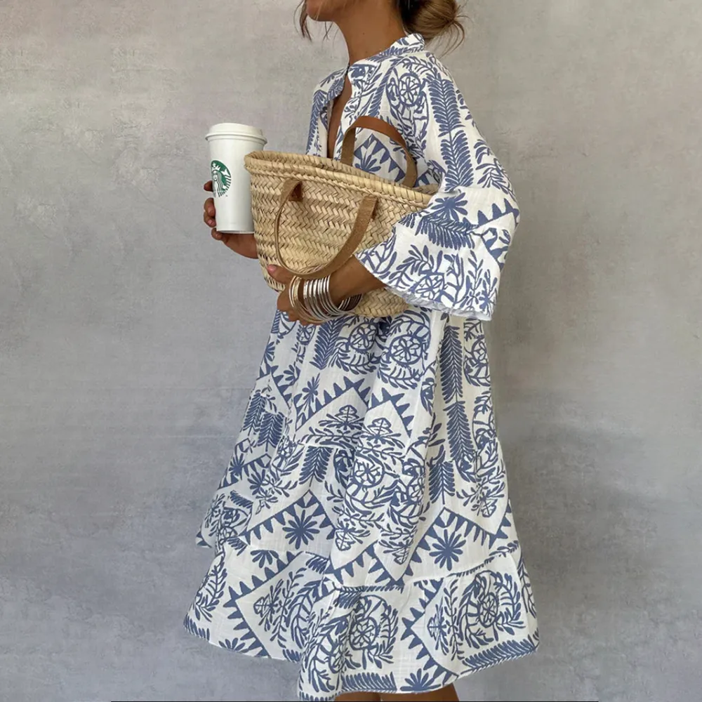 Women's Printed Casual Midi Summer Dress with V-Neck