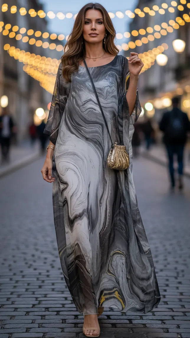 Women's Printed Flowy Maxi Summer Dress with Long Sleeves