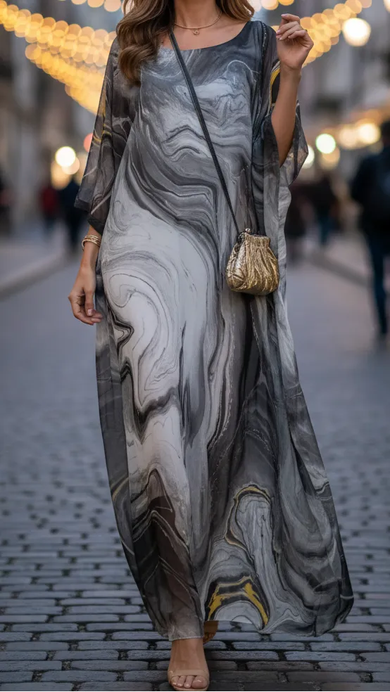 Women's Printed Flowy Maxi Summer Dress with Long Sleeves