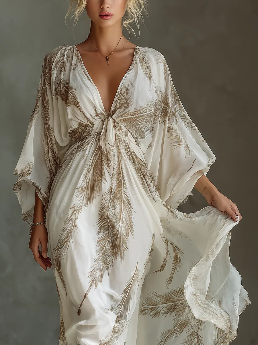Women's Printed Flowy Maxi Summer Dress with V-Neck