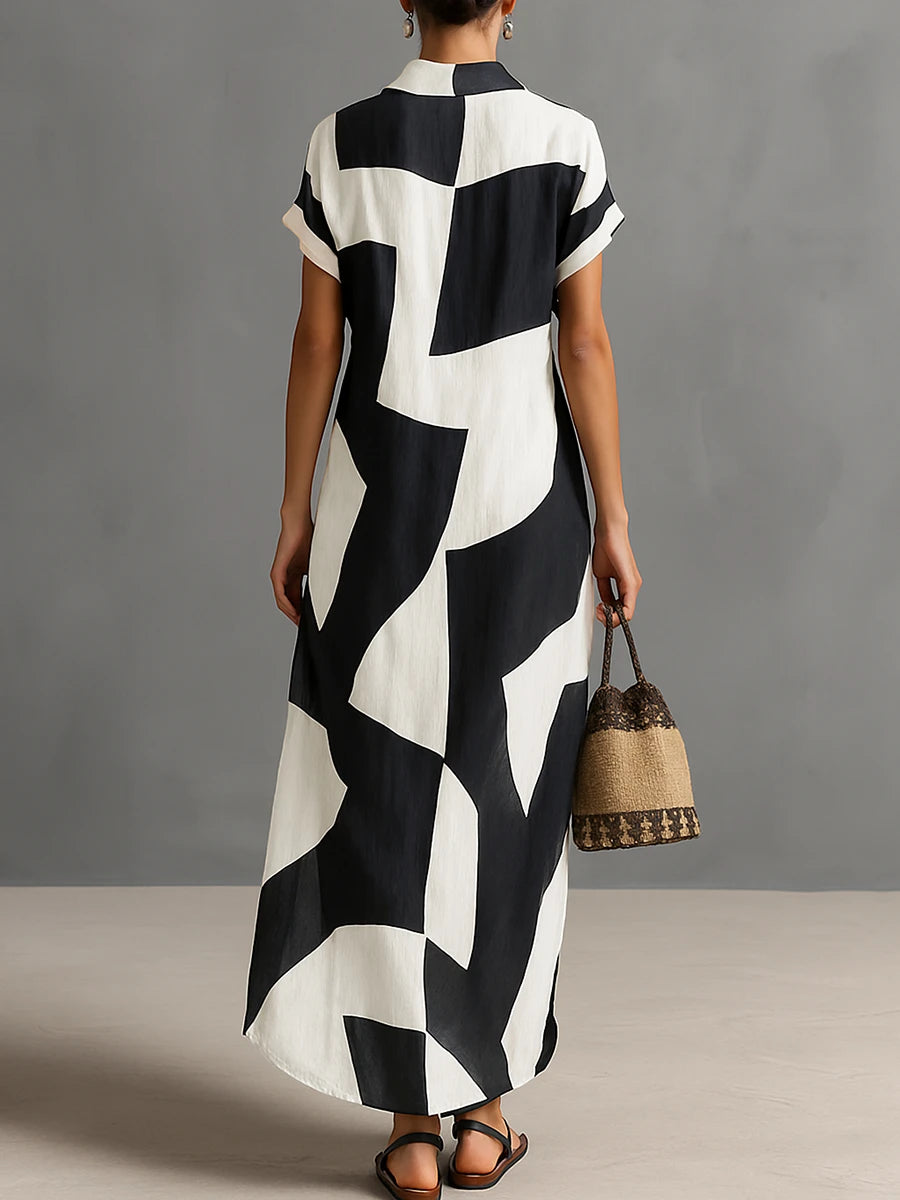 Women's Printed Maxi Summer Dress with Short Sleeves and Slit