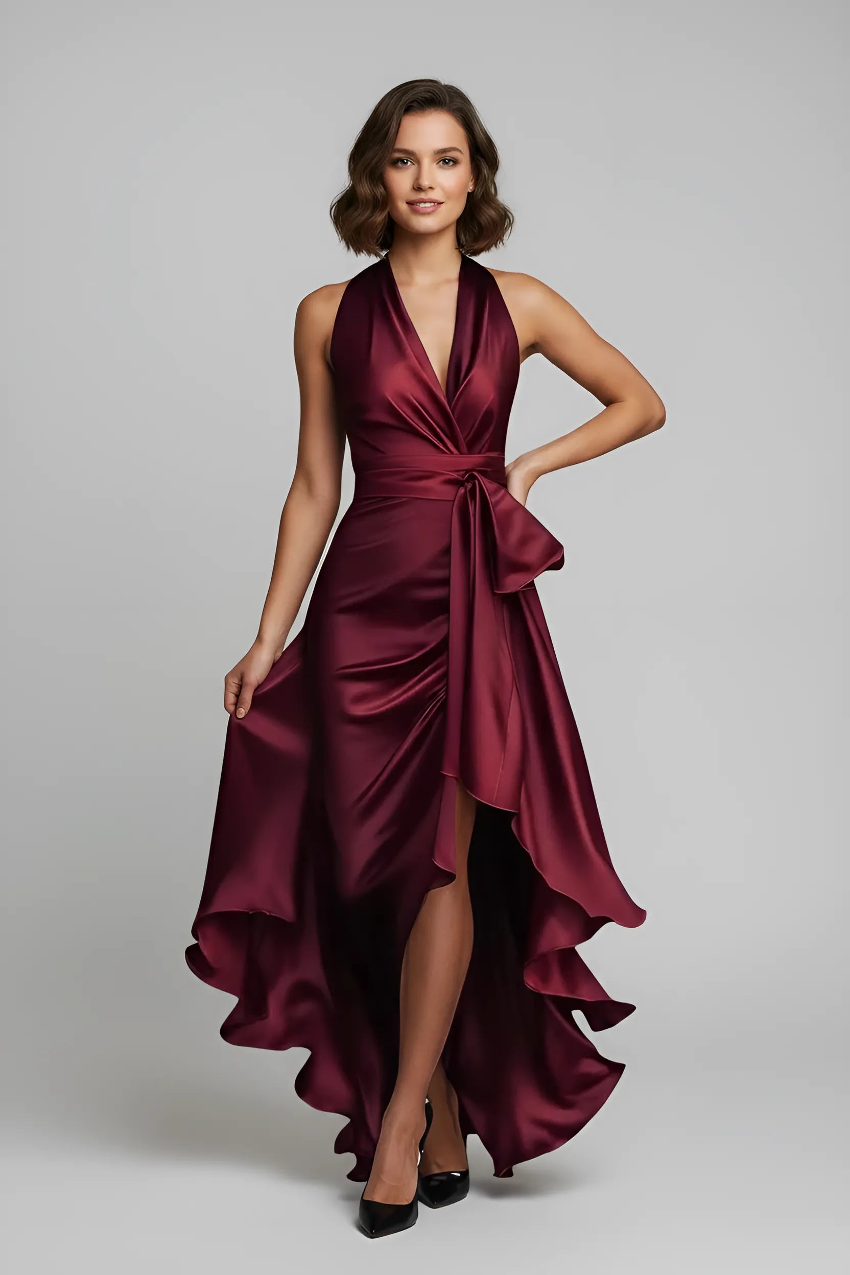 Women's Sleeveless Elegant Maxi Wedding Guest Dress with Tie Front